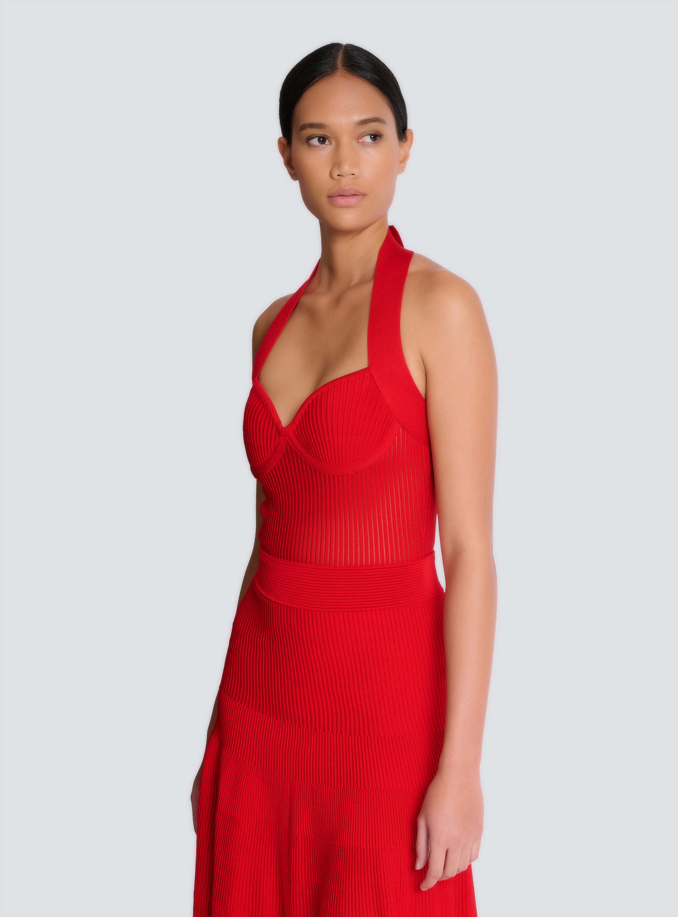 Halterneck pleated knit midi dress