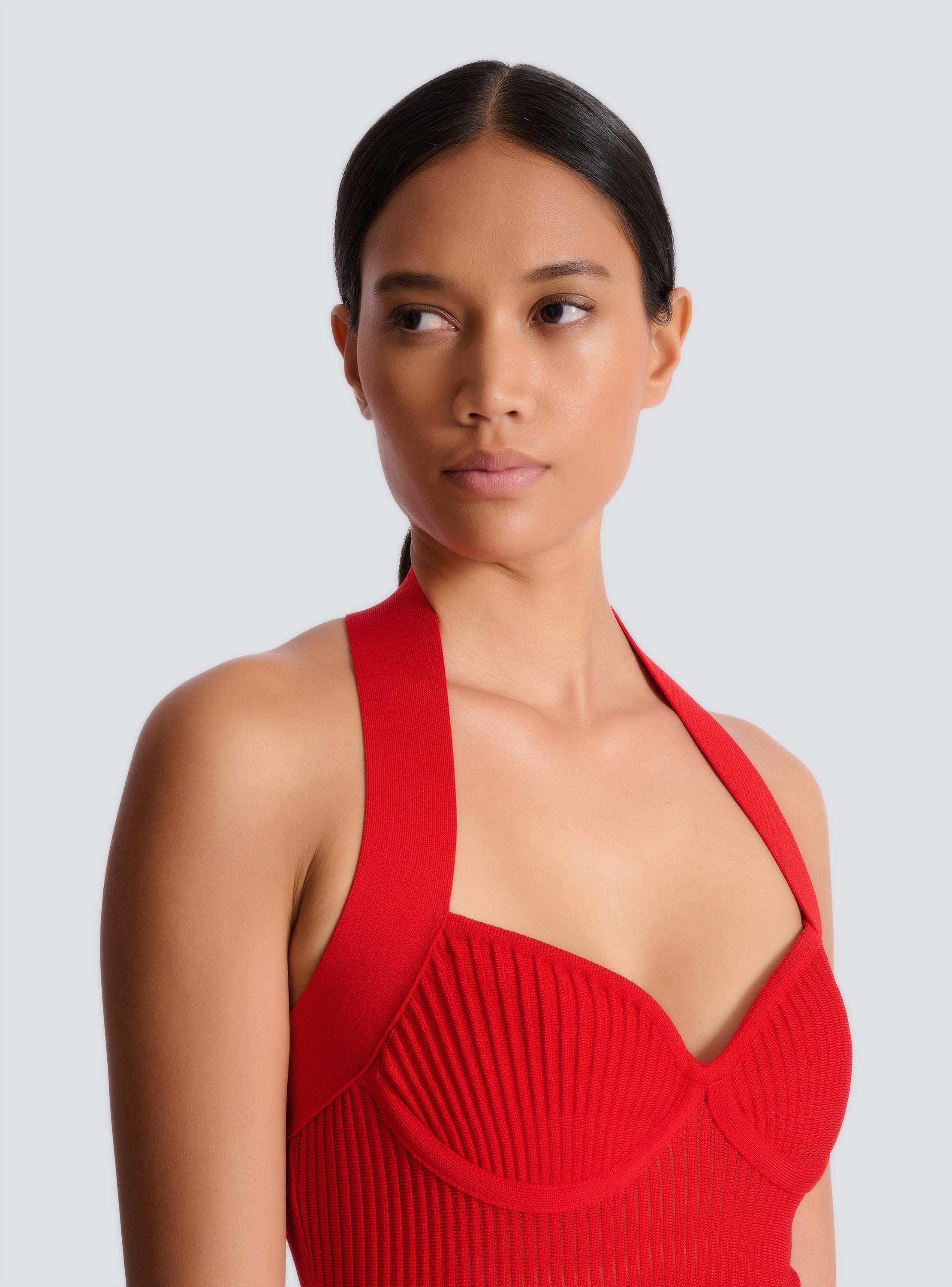 Halterneck pleated knit midi dress