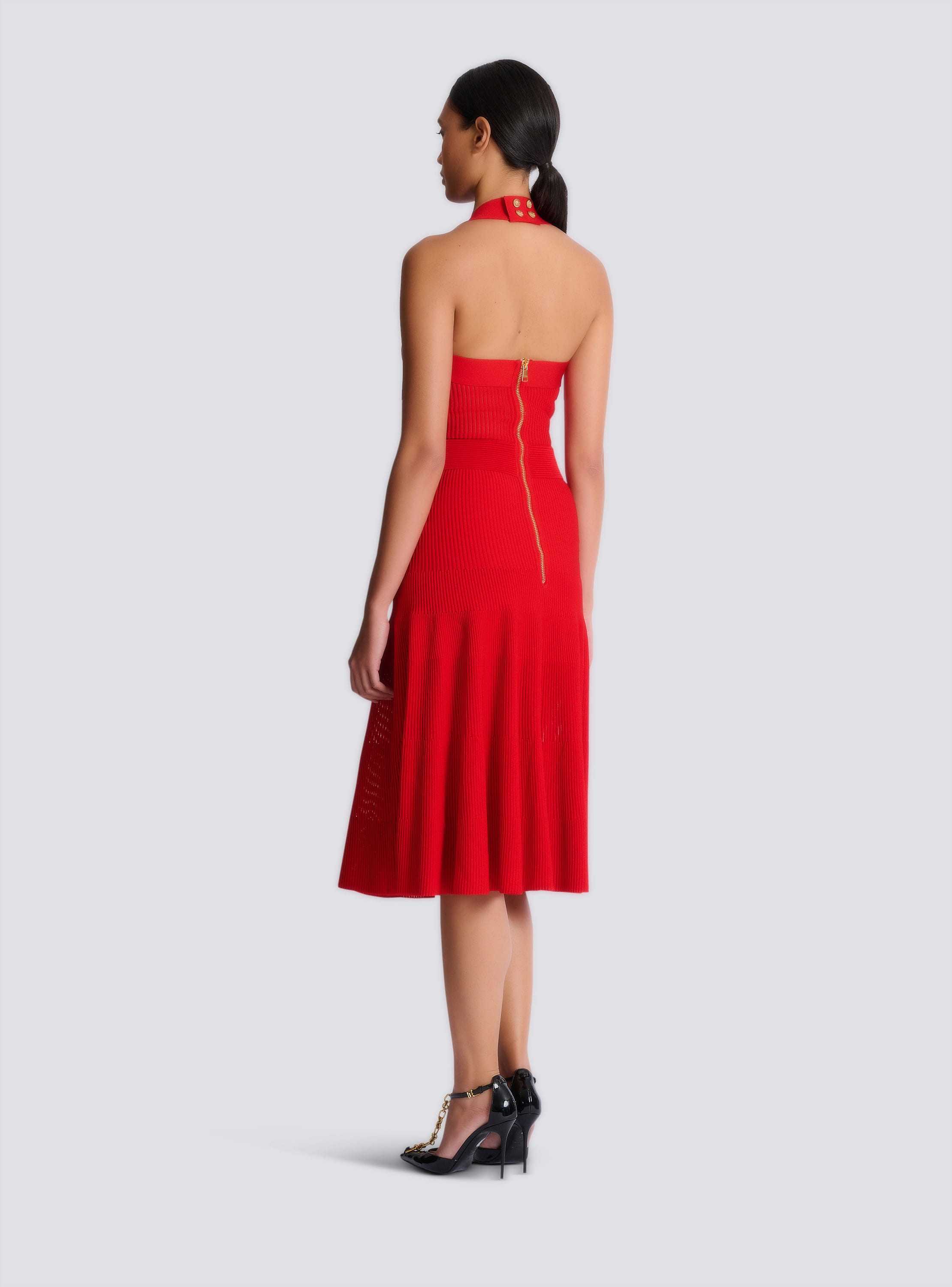 Halterneck pleated knit midi dress