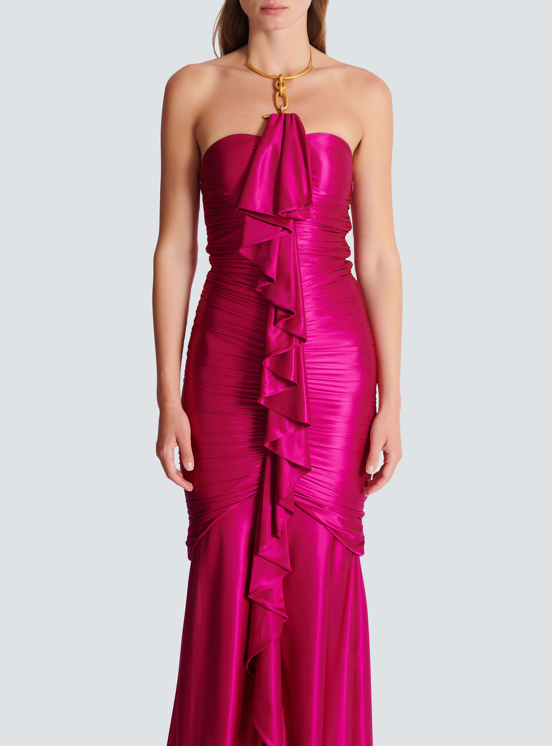 Long draped bustier dress with embellished detail