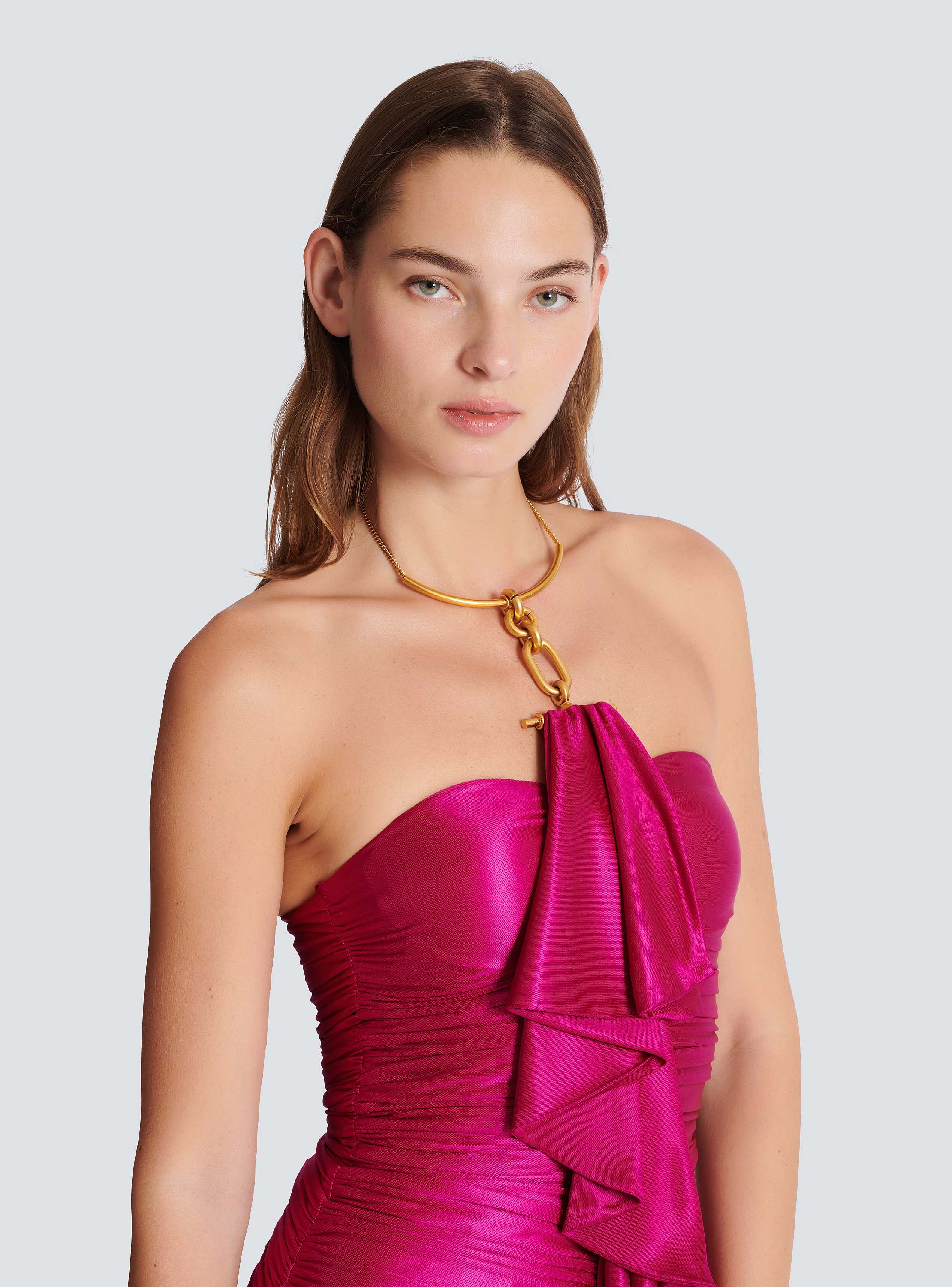 Long draped bustier dress with embellished detail