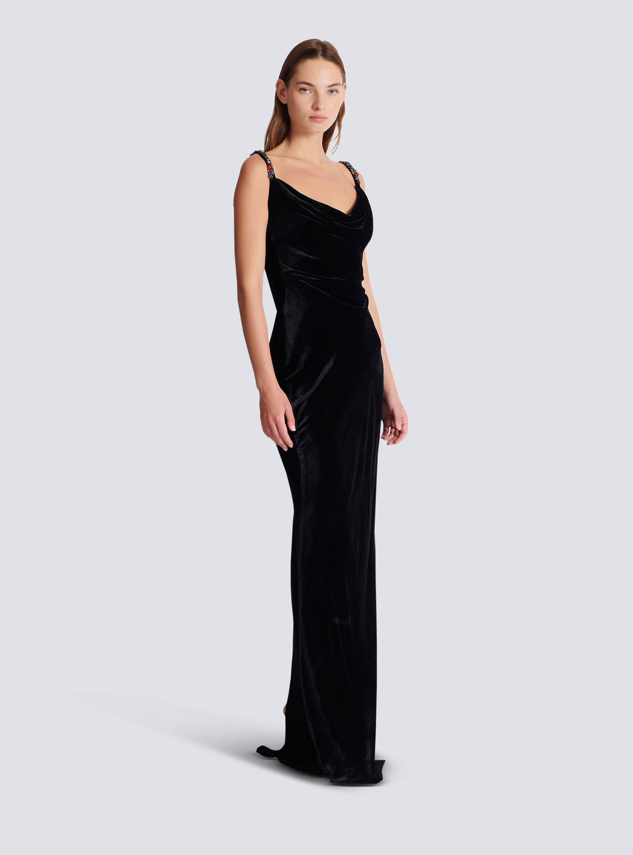 Long velvet dress with embellished straps