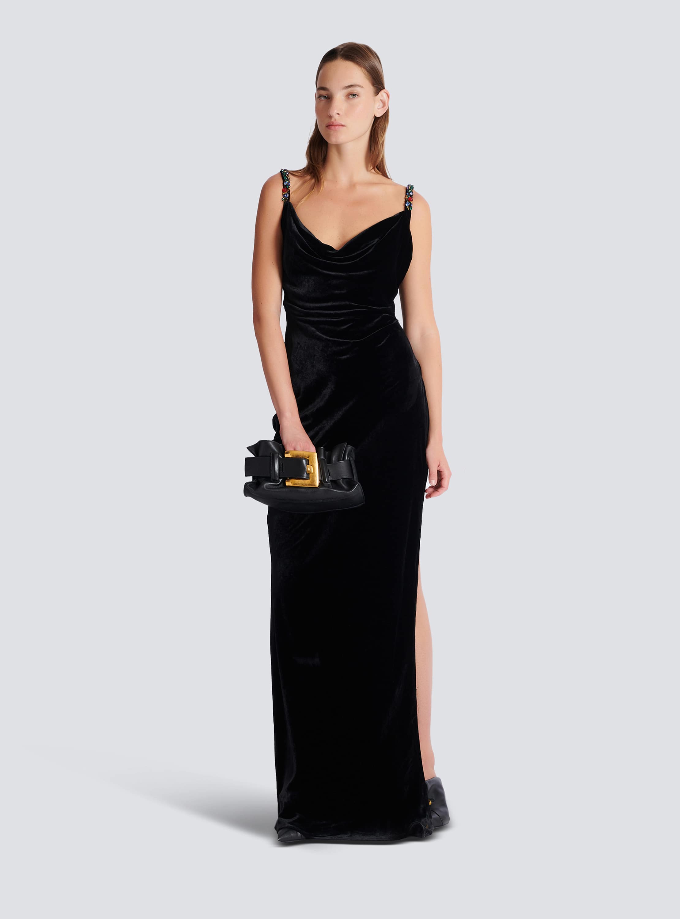 Long velvet dress with embellished straps