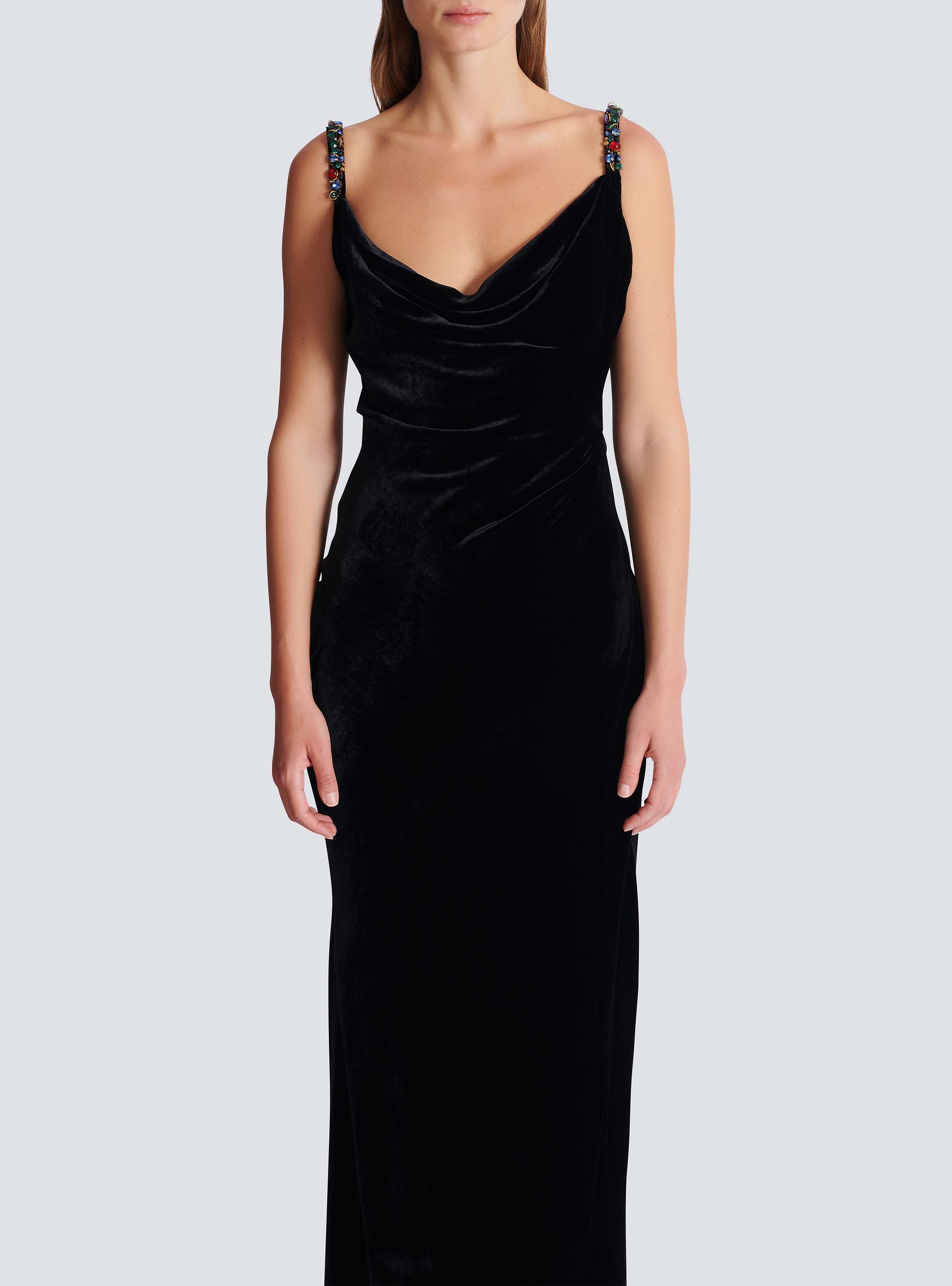 Long velvet dress with embellished straps