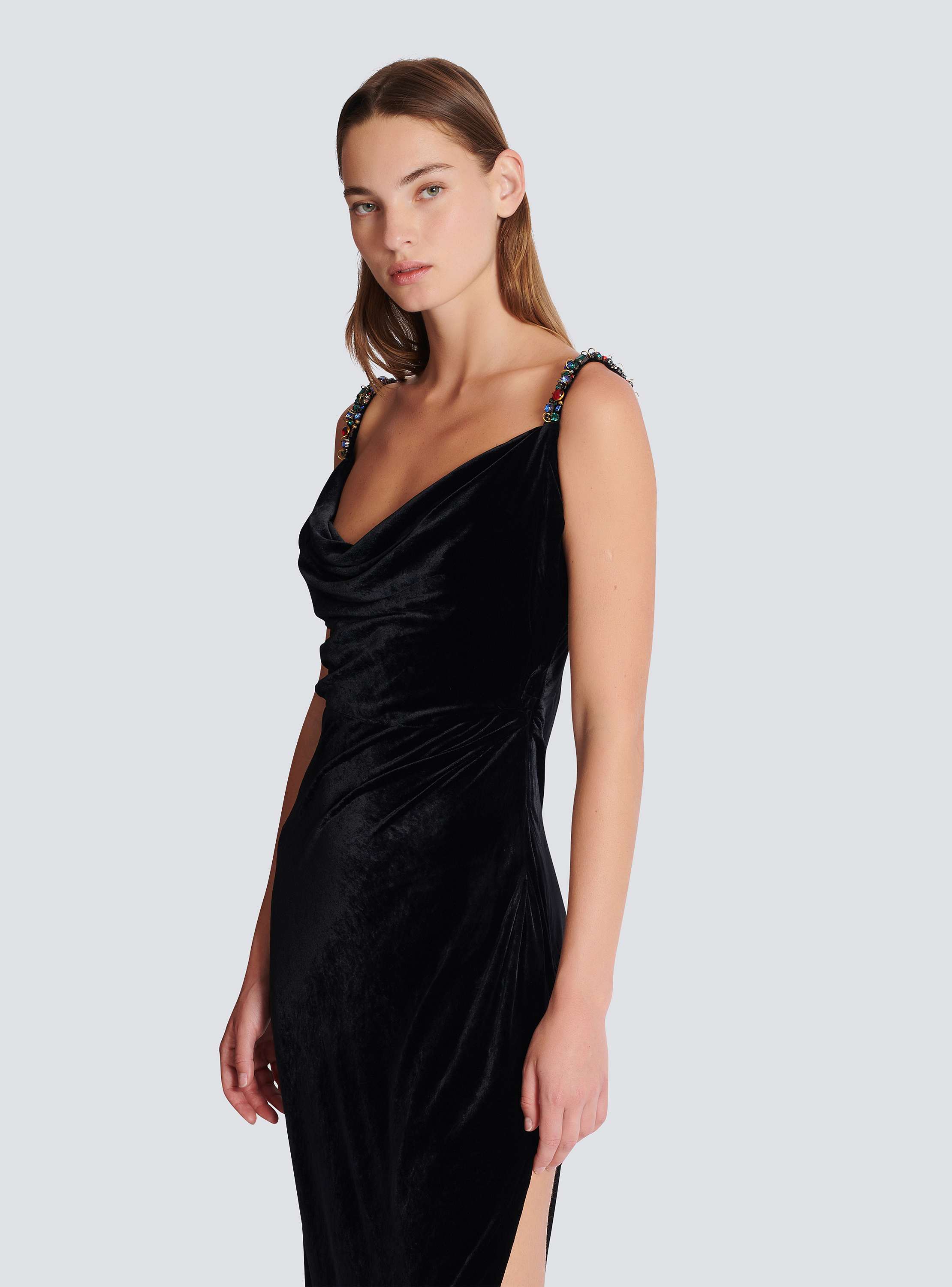 Long velvet dress with embellished straps