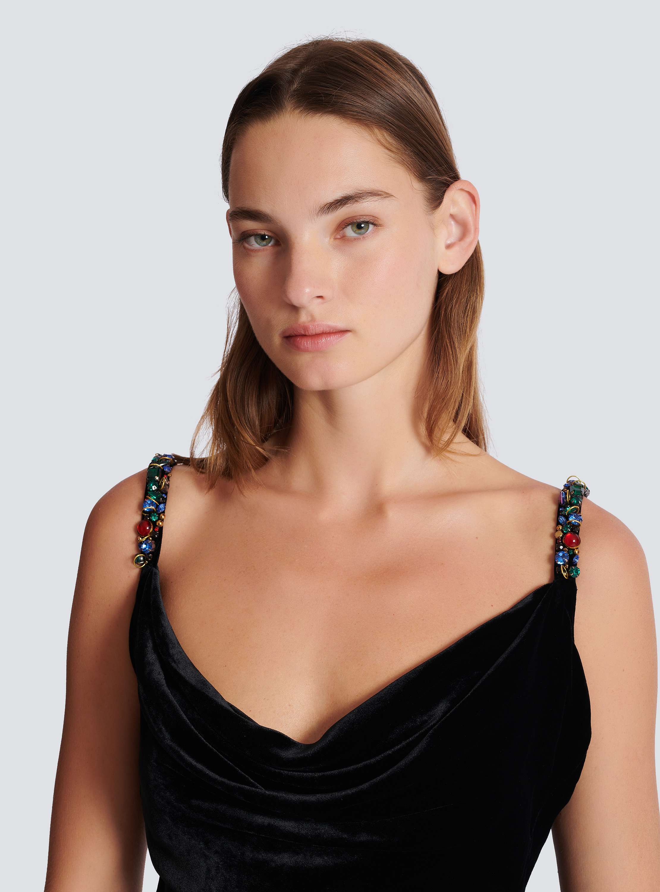 Long velvet dress with embellished straps