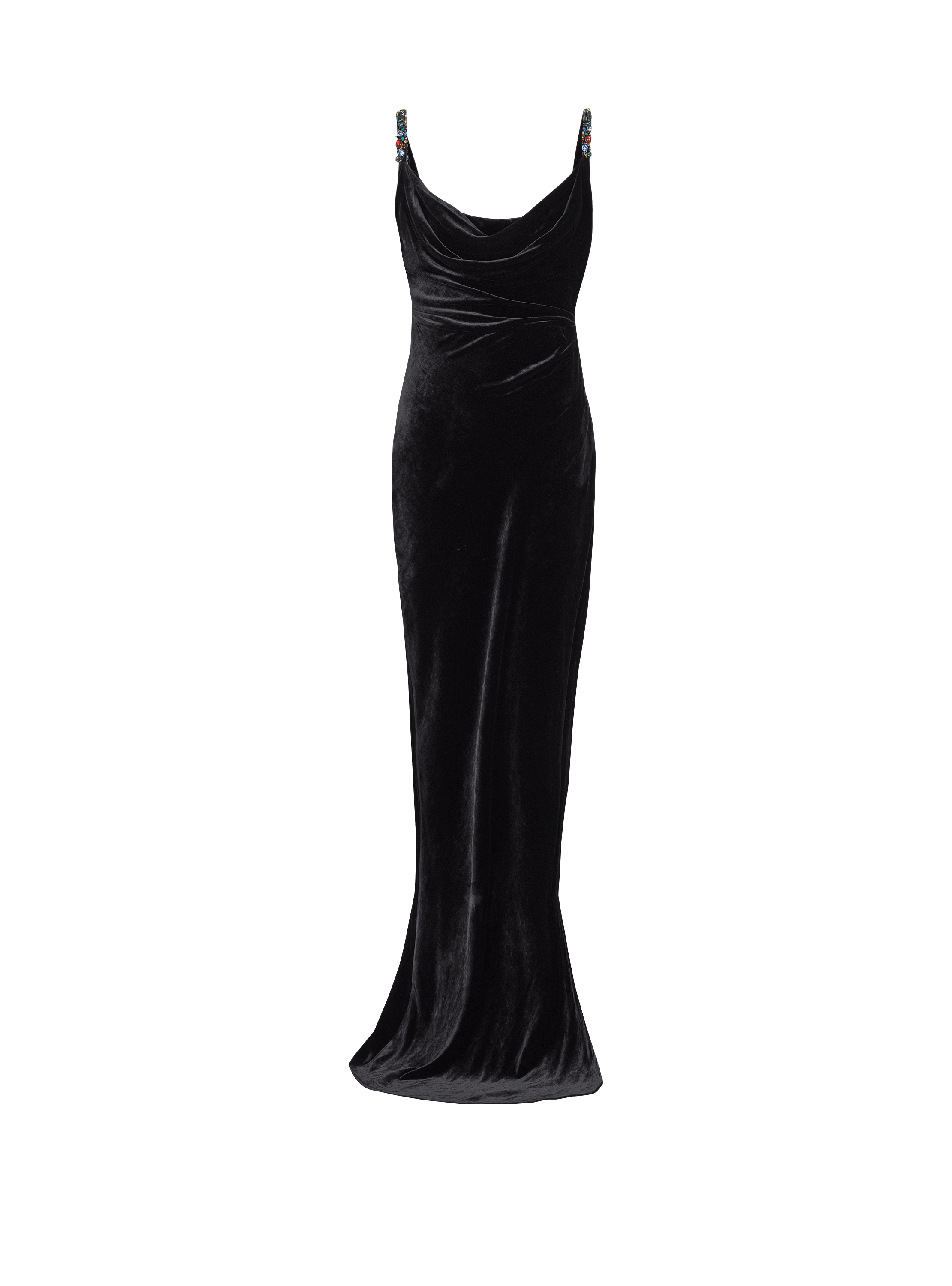 Long velvet dress with embellished straps