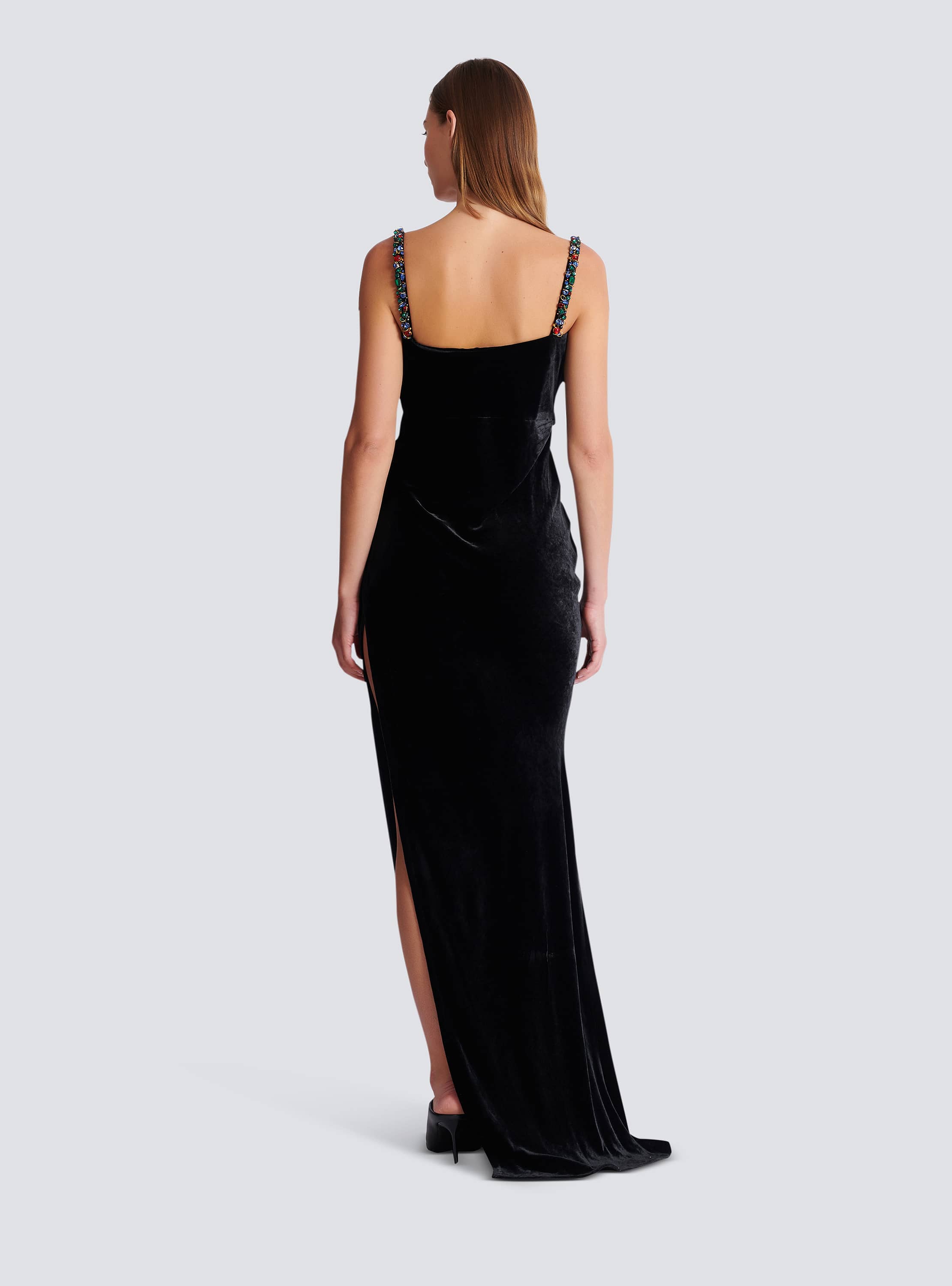 Long velvet dress with embellished straps