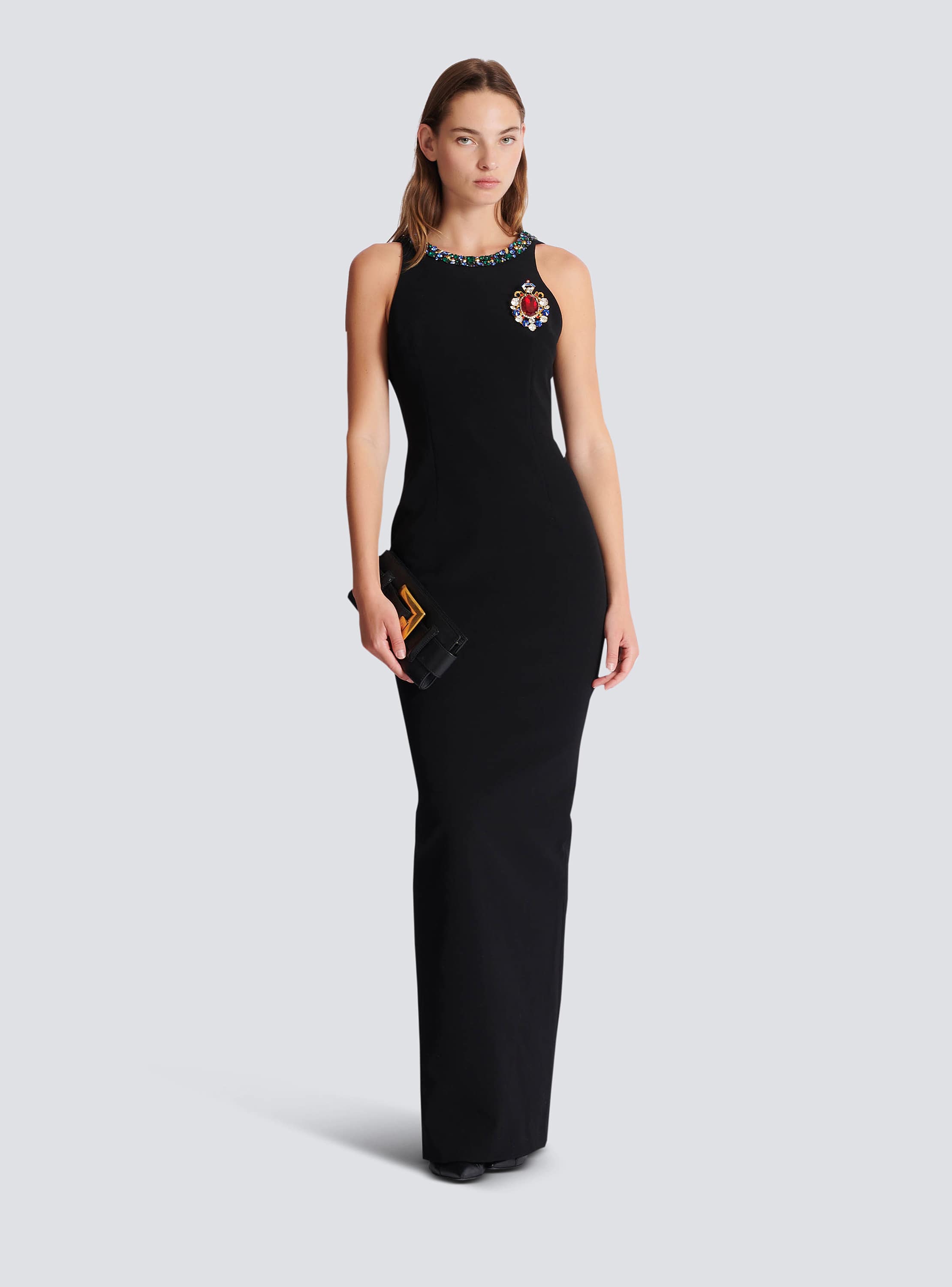 Long sleeveless dress in embroidered velvet