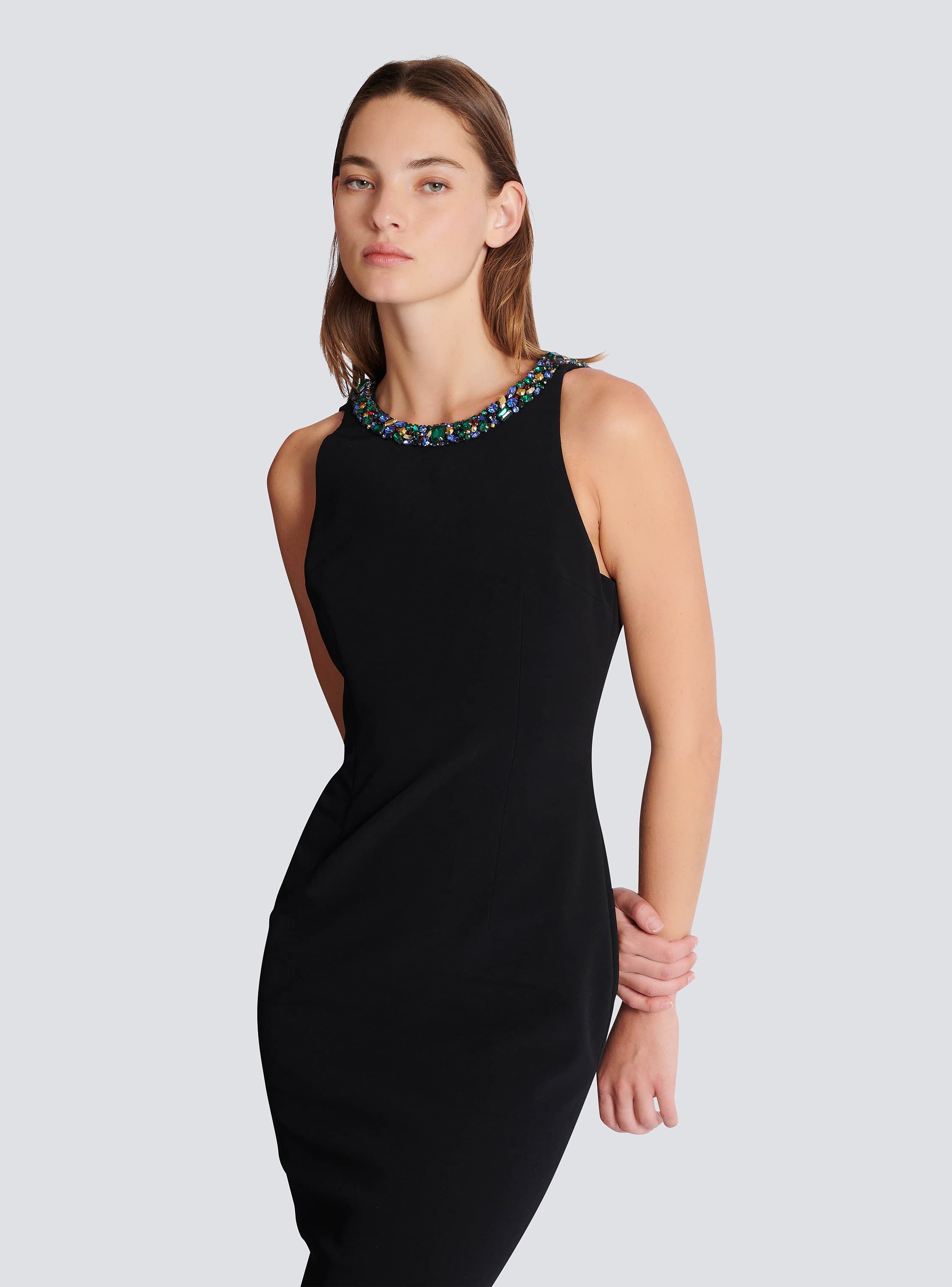 Long sleeveless dress in embroidered velvet