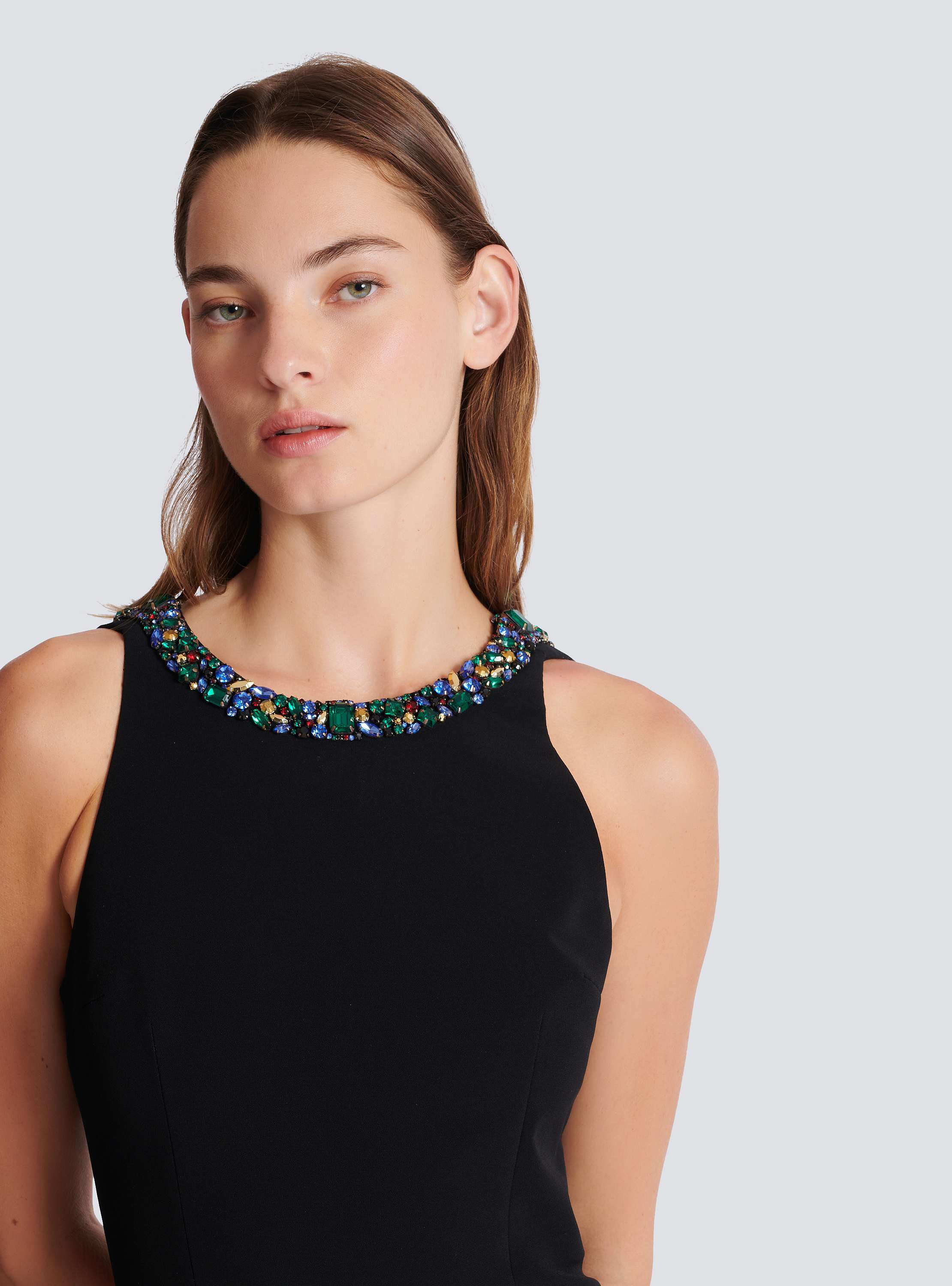 Long sleeveless dress in embroidered velvet