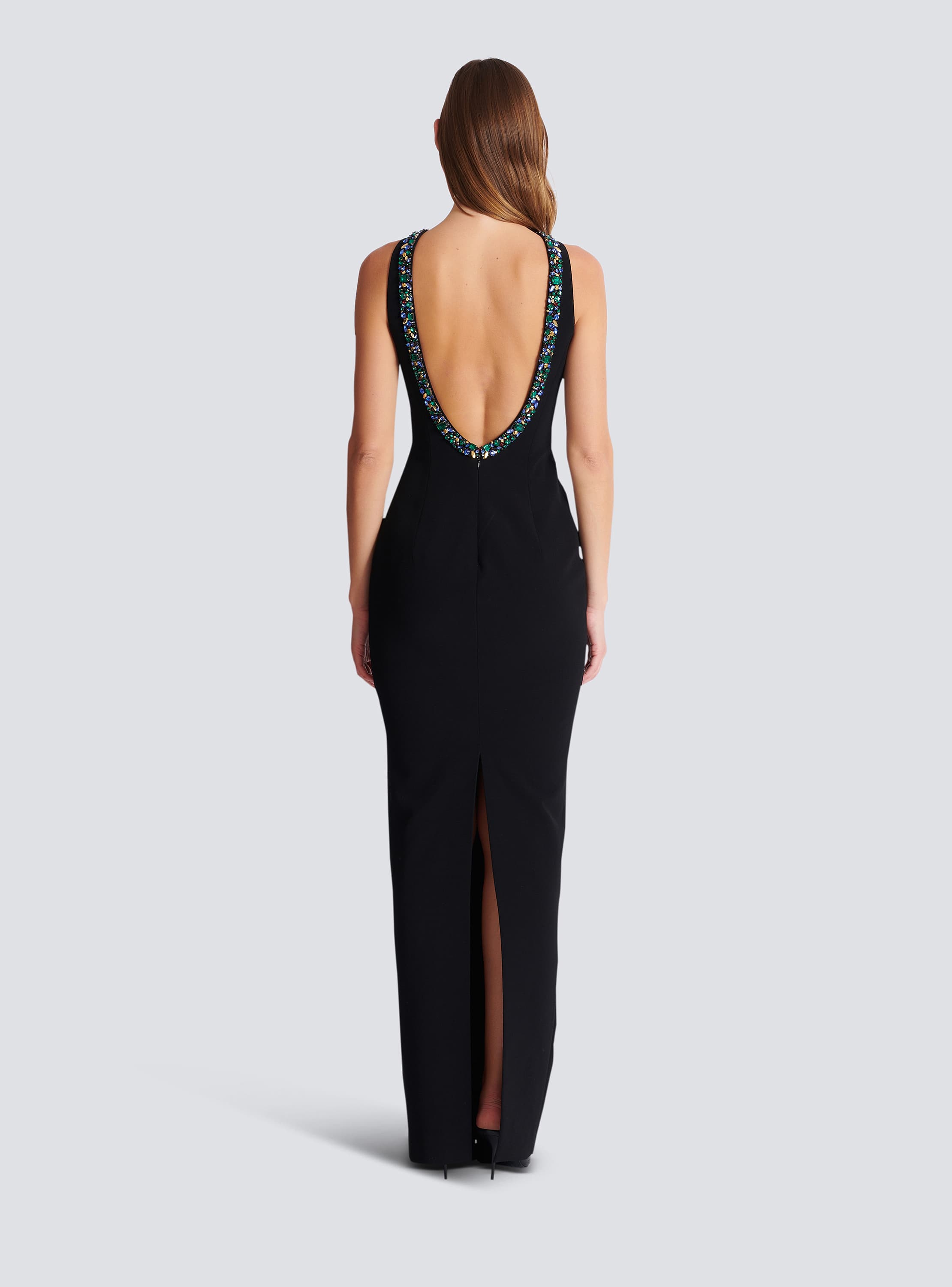 Long sleeveless dress in embroidered velvet