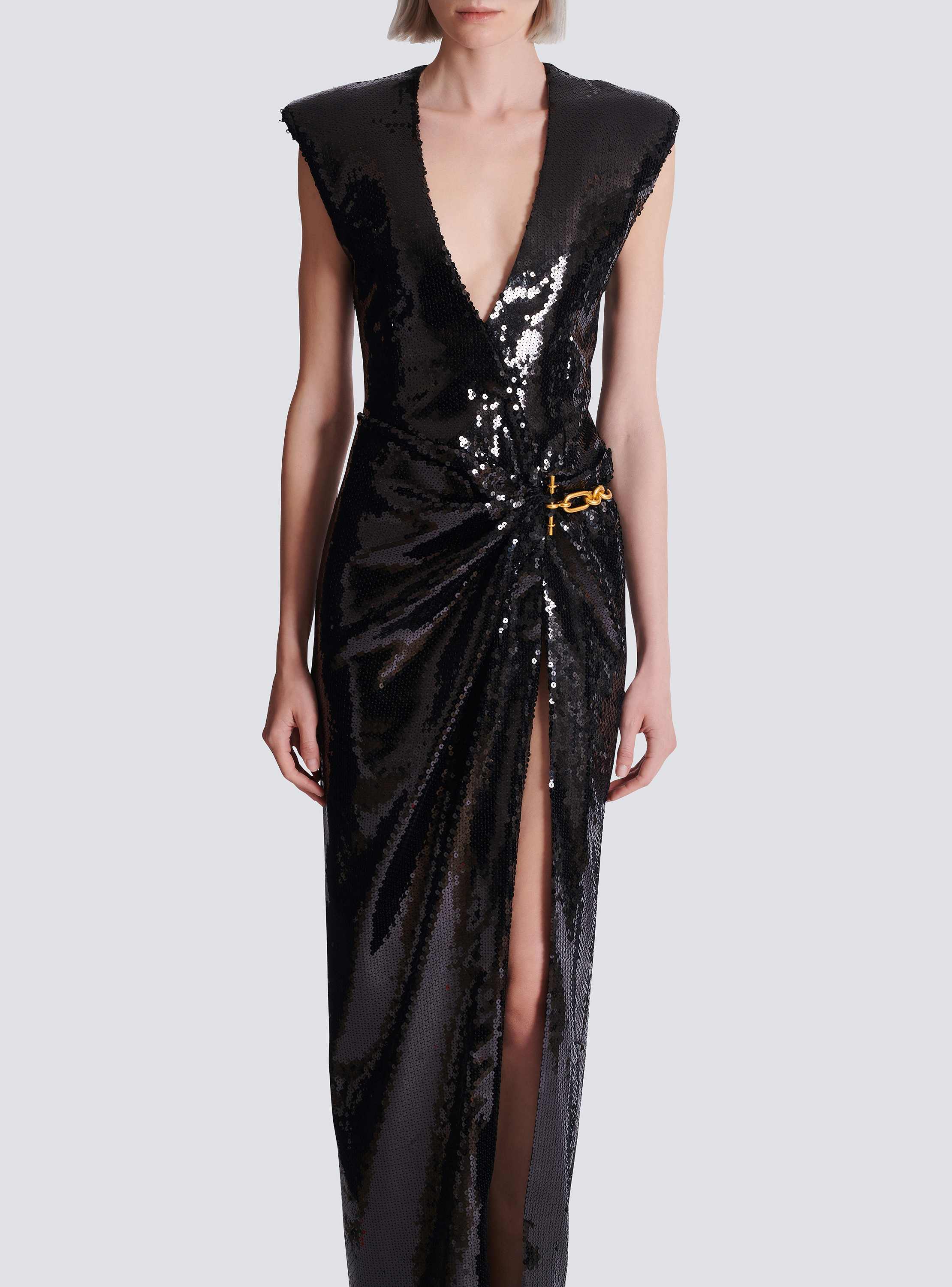 Long draped sequin dress with embellished detail
