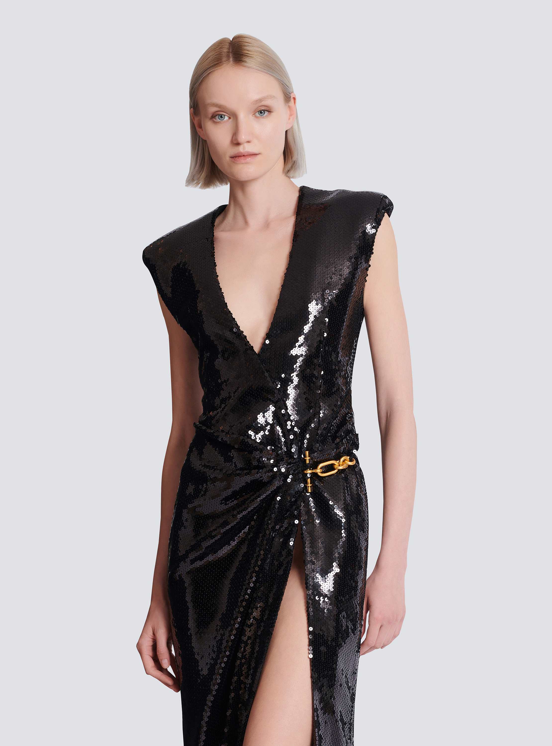 Long draped sequin dress with embellished detail