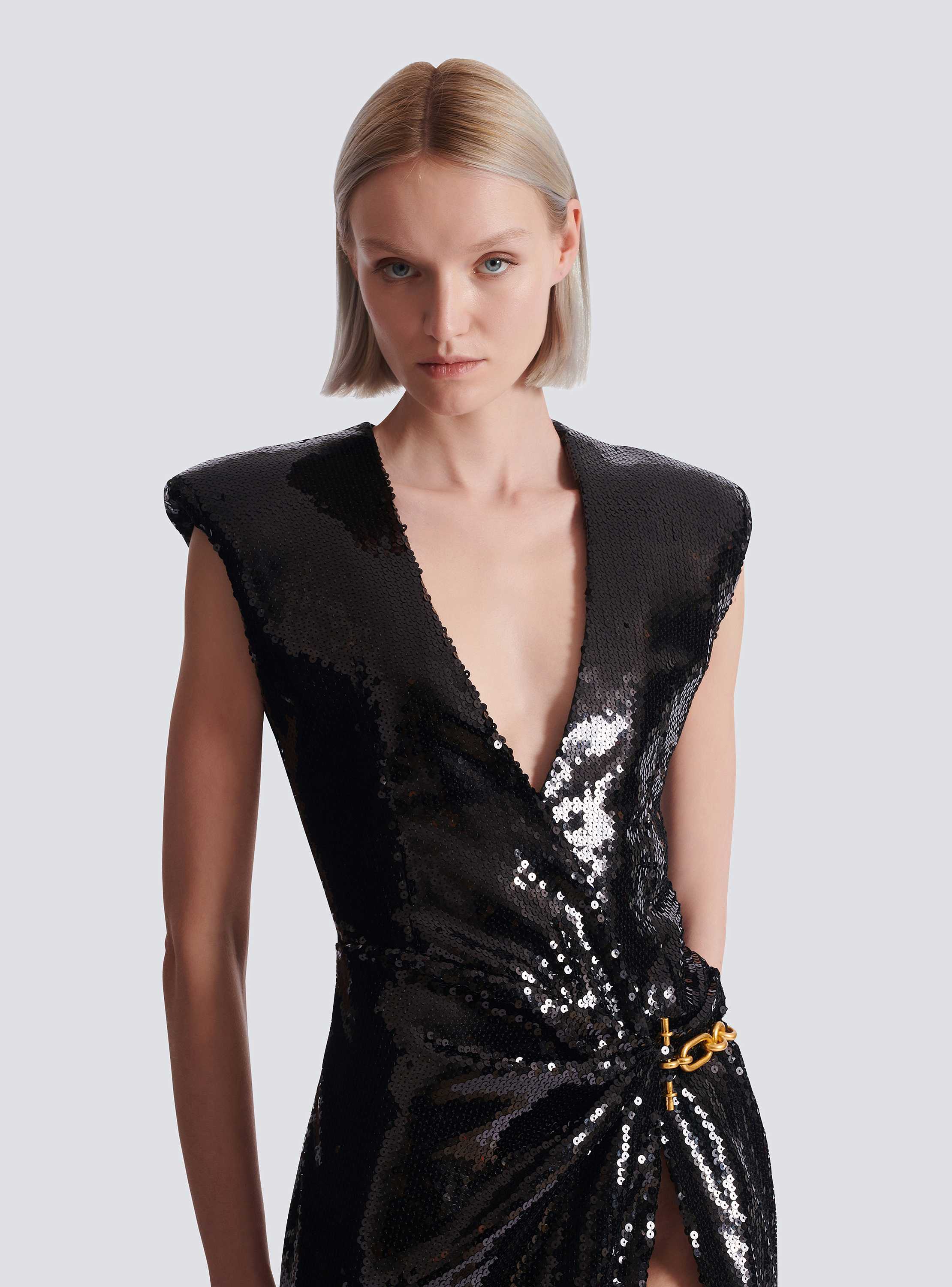 Long draped sequin dress with embellished detail