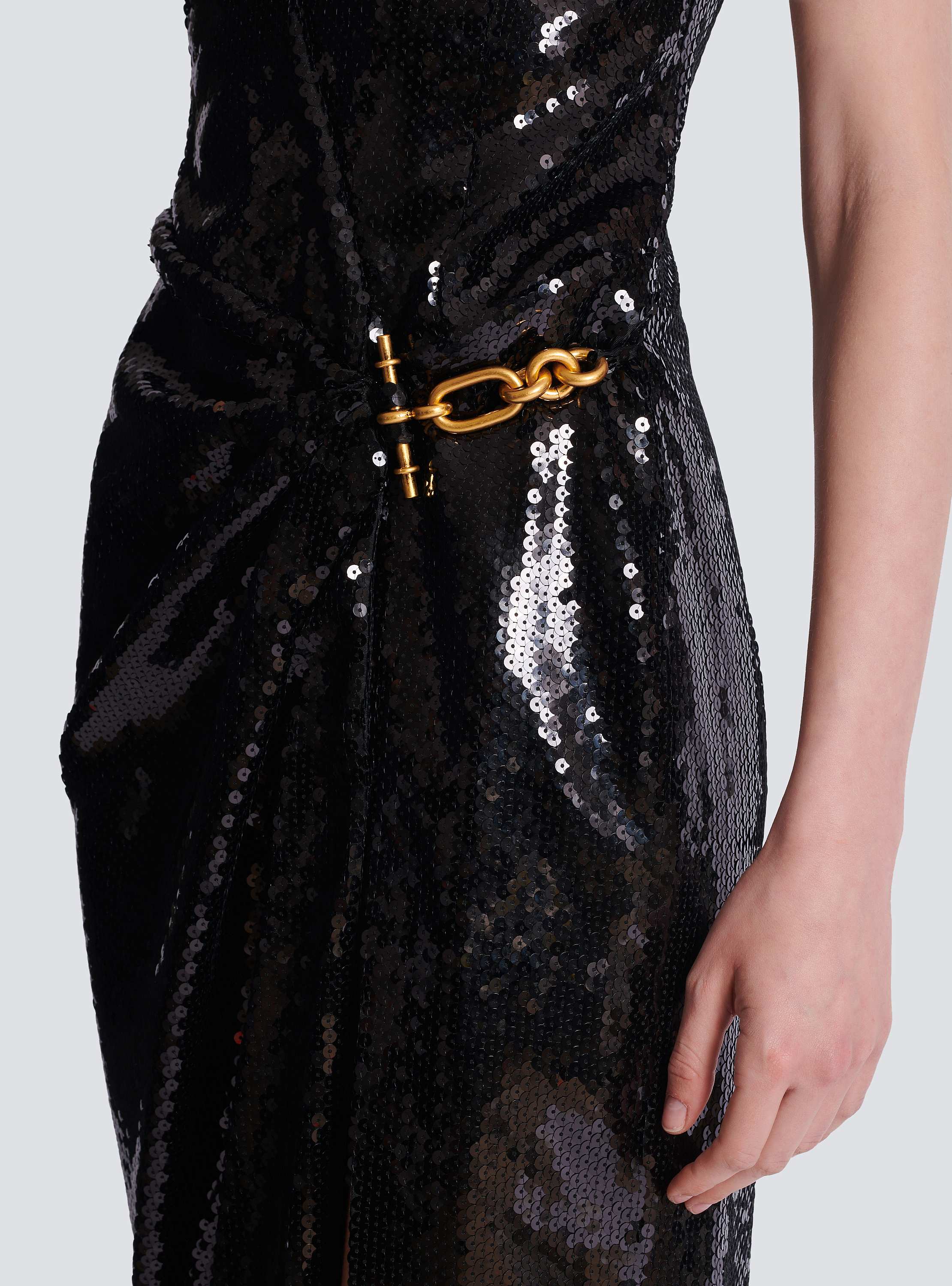 Long draped sequin dress with embellished detail
