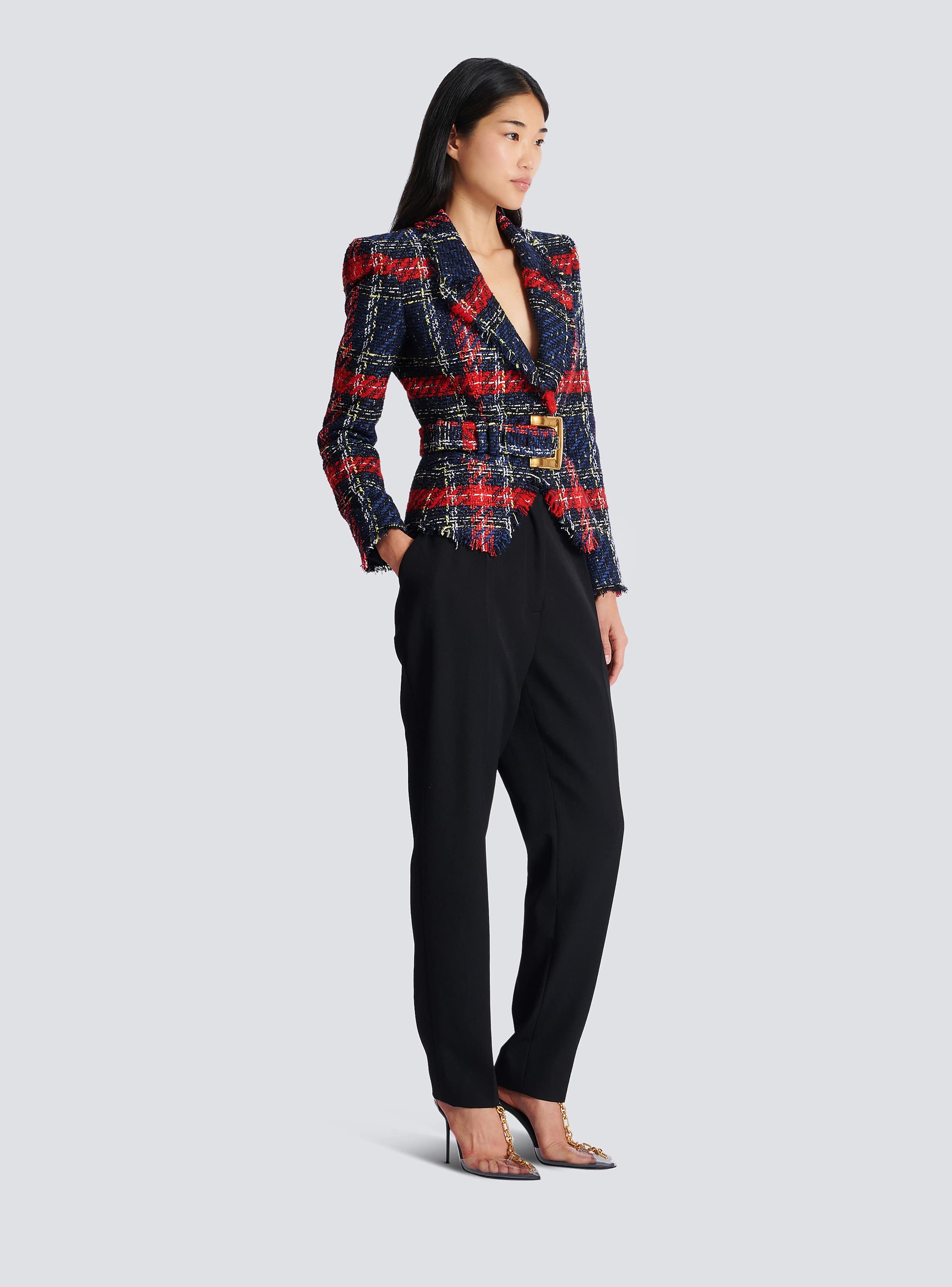 Belted plaid tweed jacket