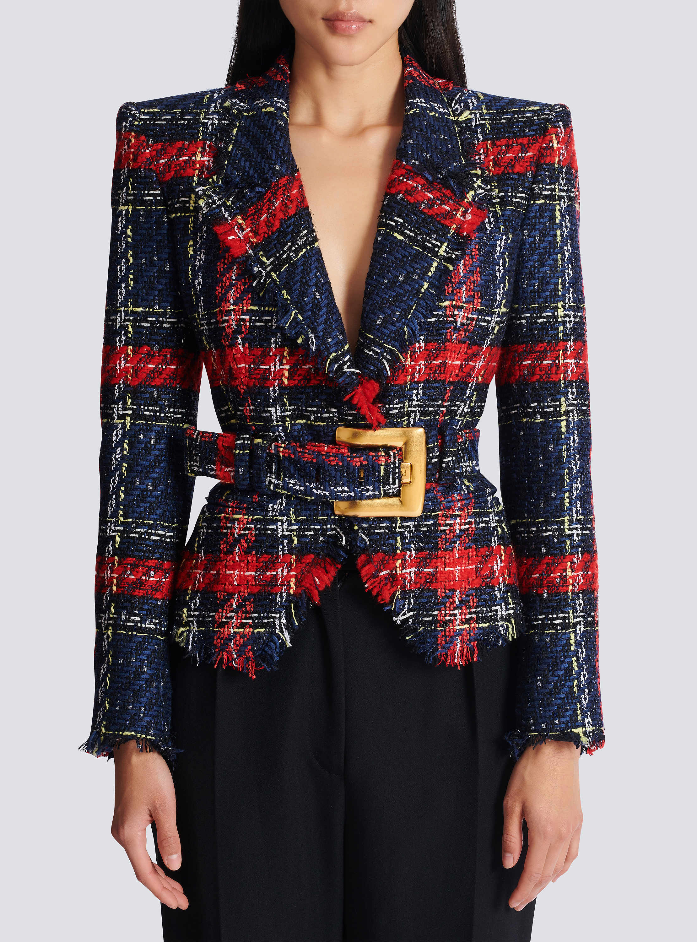 Belted plaid tweed jacket