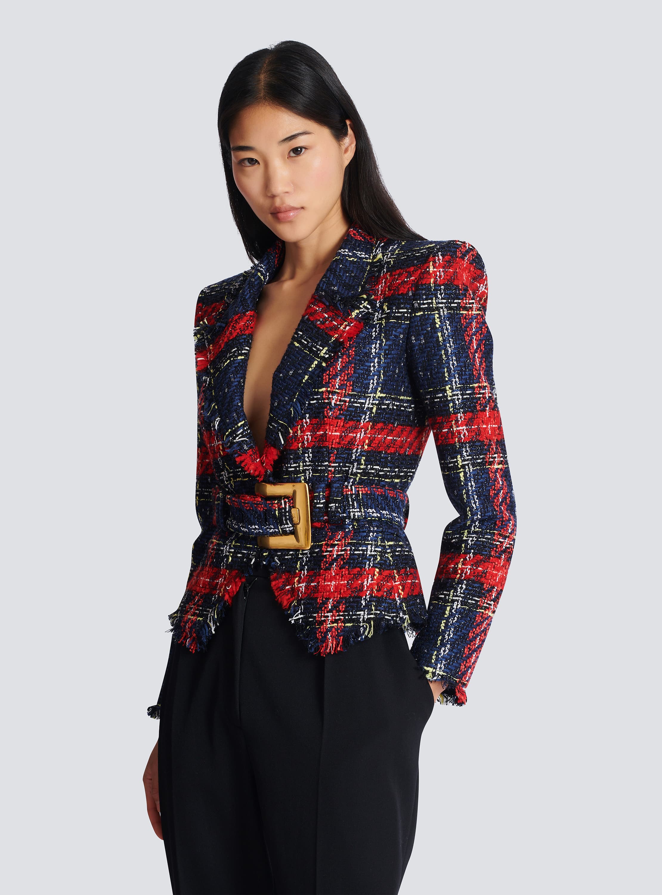 Belted plaid tweed jacket
