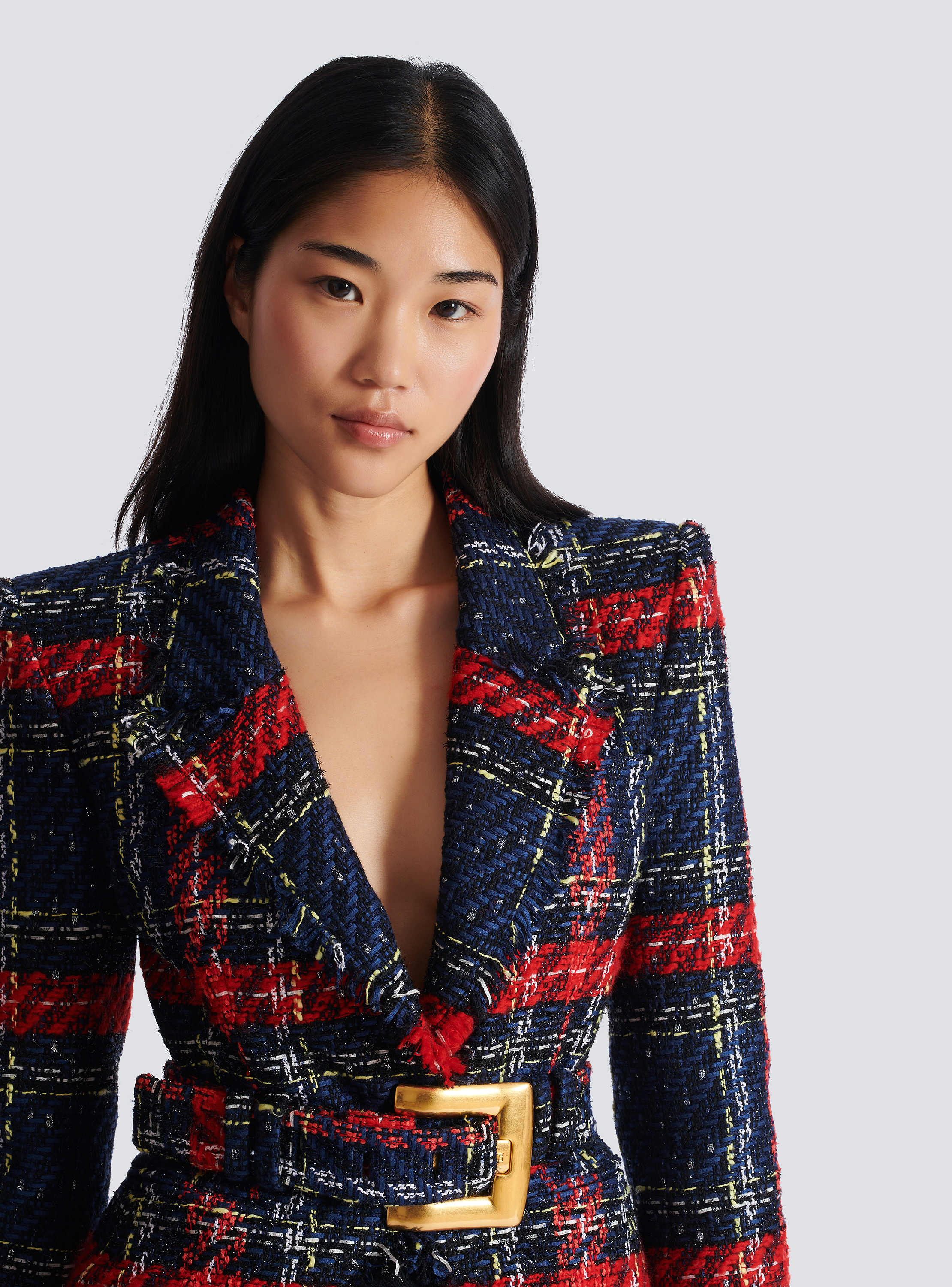Belted plaid tweed jacket