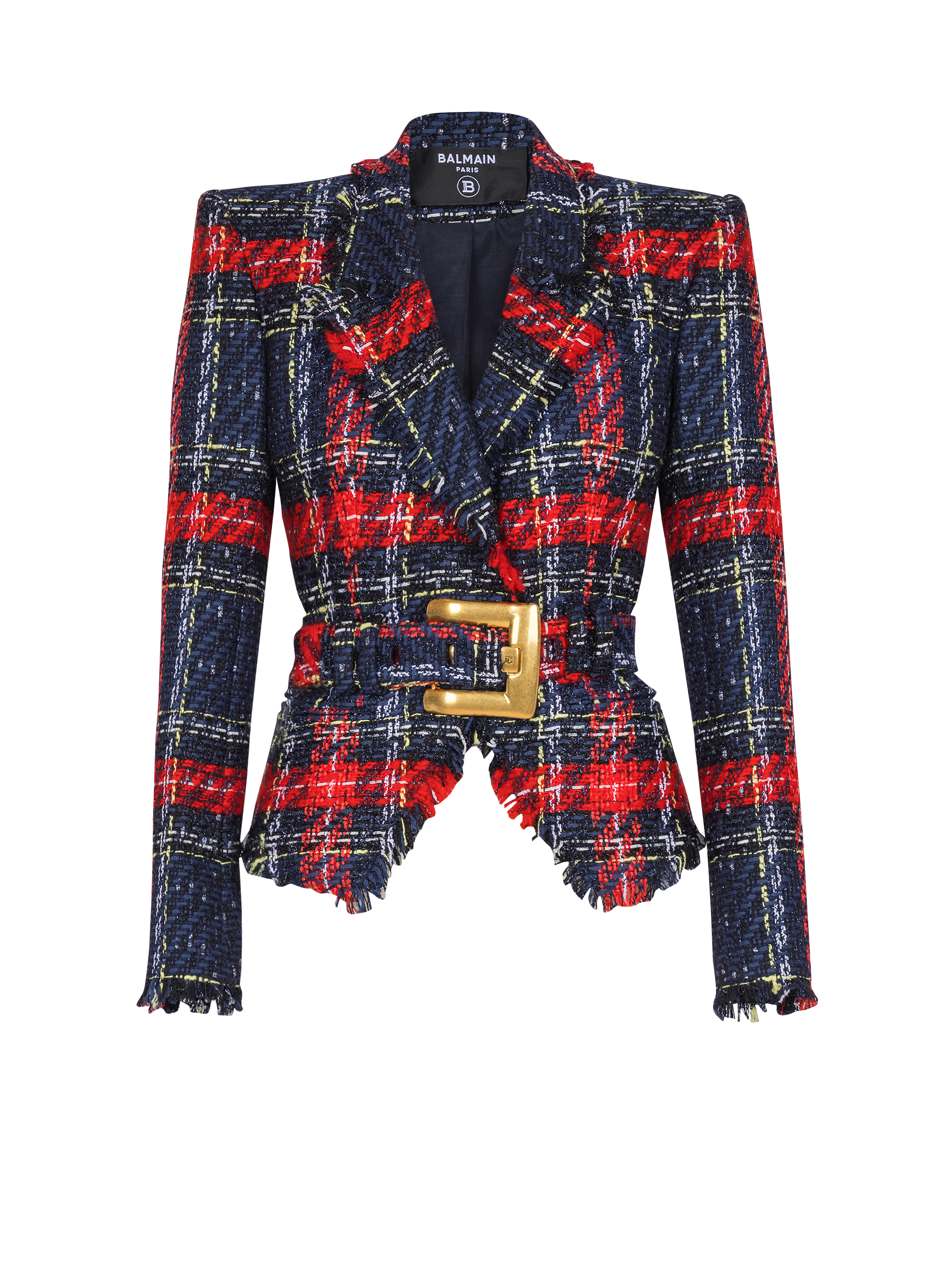 Belted plaid tweed jacket