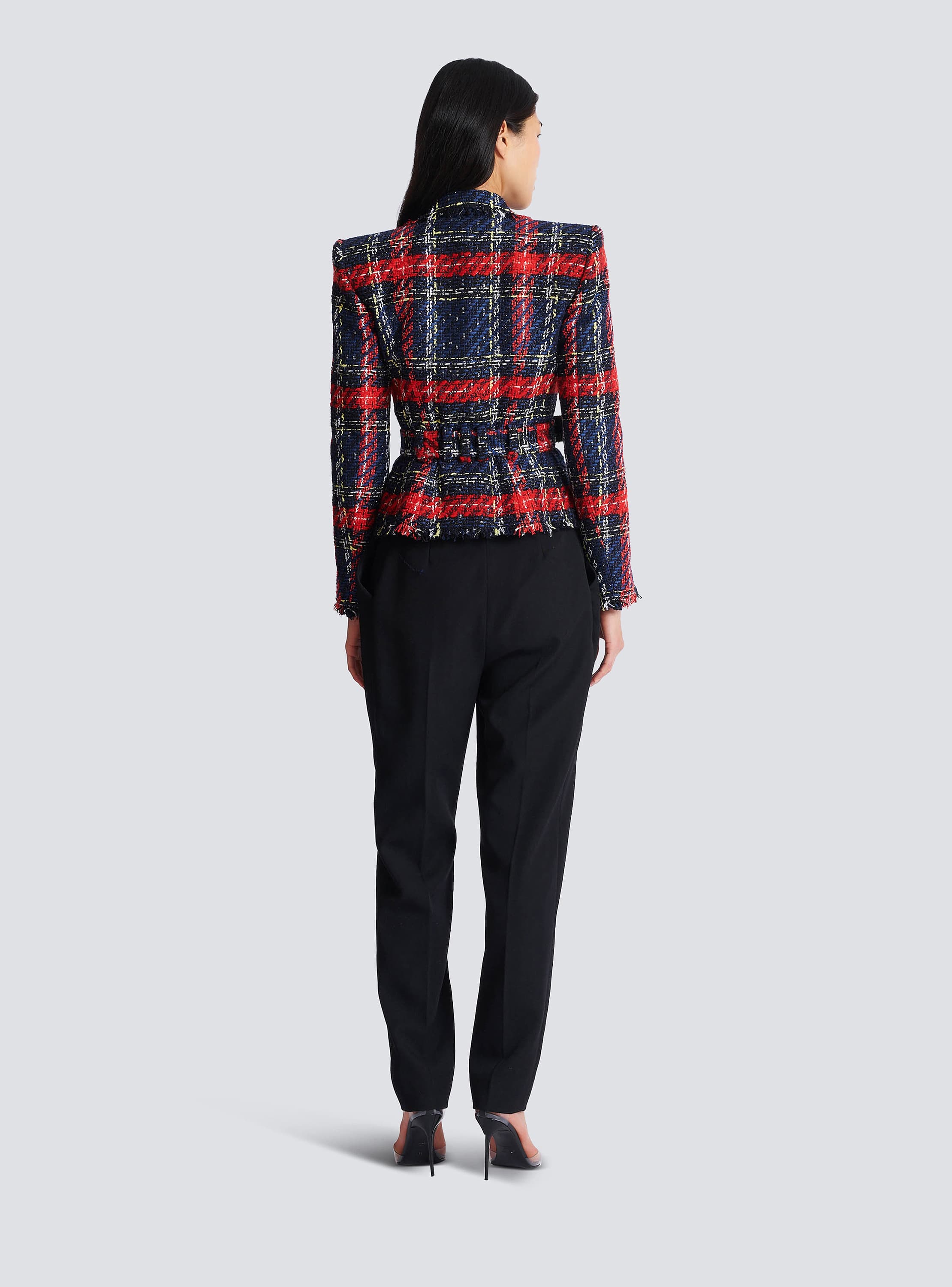 Belted plaid tweed jacket