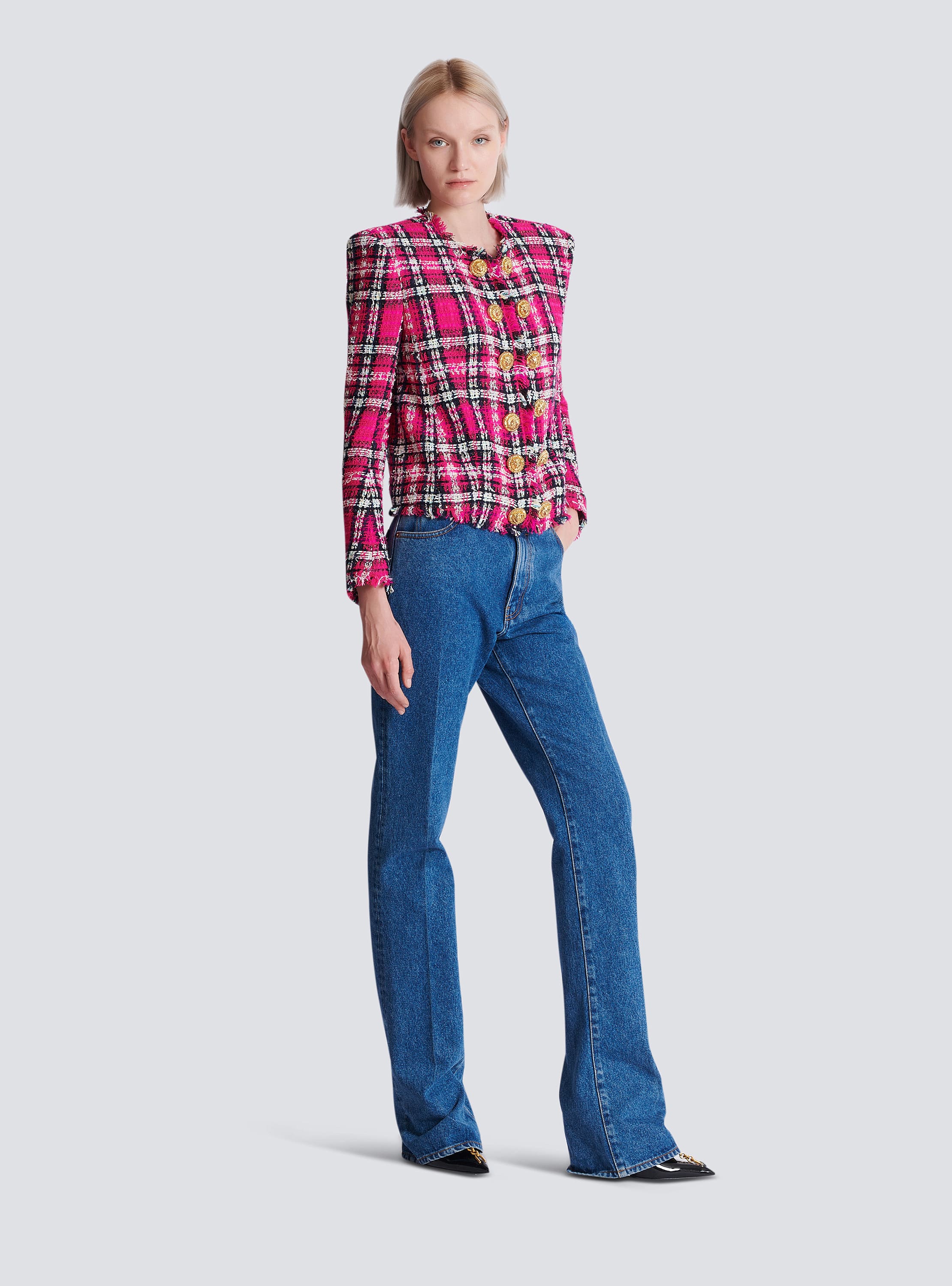 Cropped jacket in glitter plaid tweed