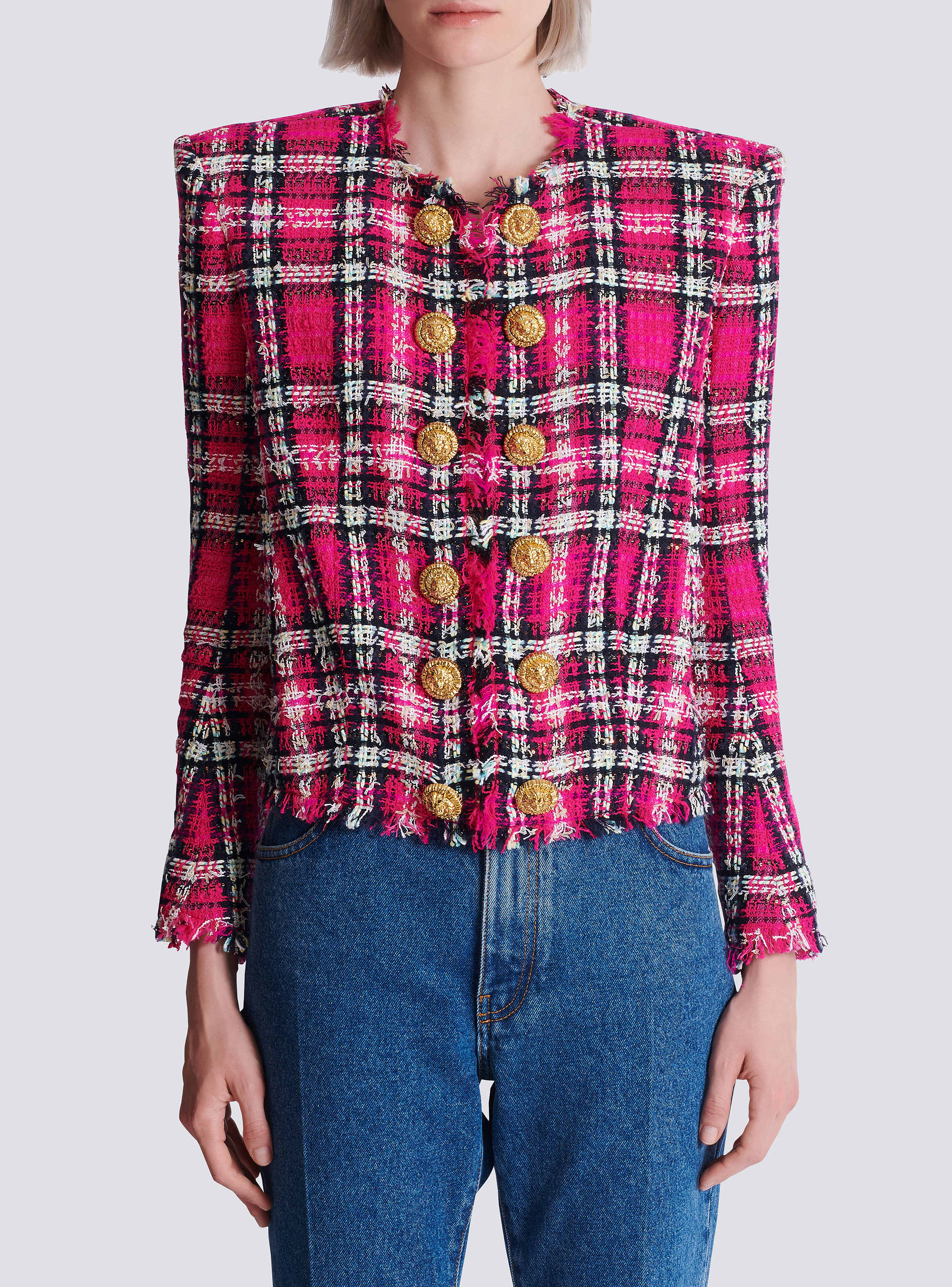 Cropped jacket in glitter plaid tweed