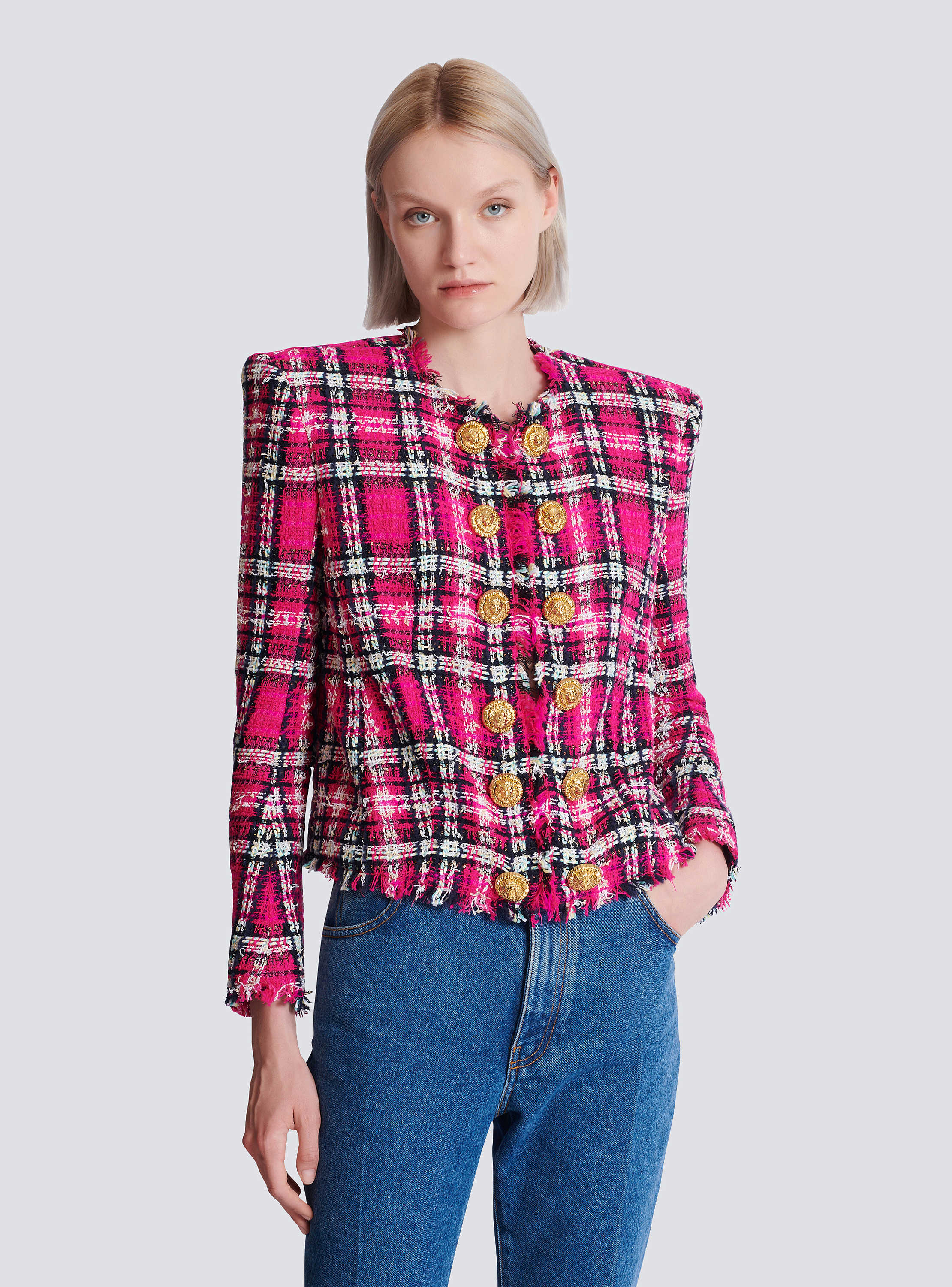 Cropped jacket in glitter plaid tweed