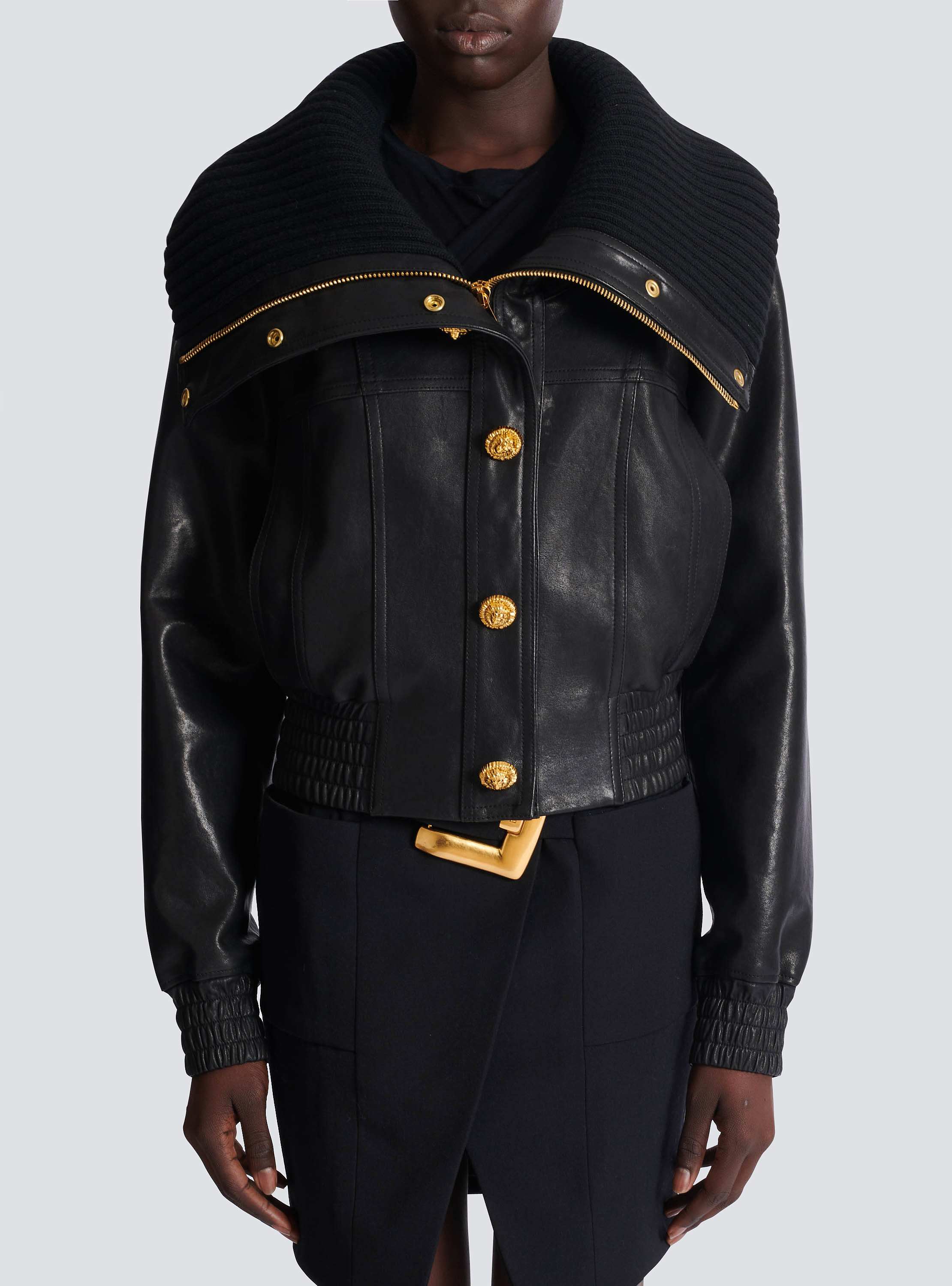 Lambskin and knit bomber jacket