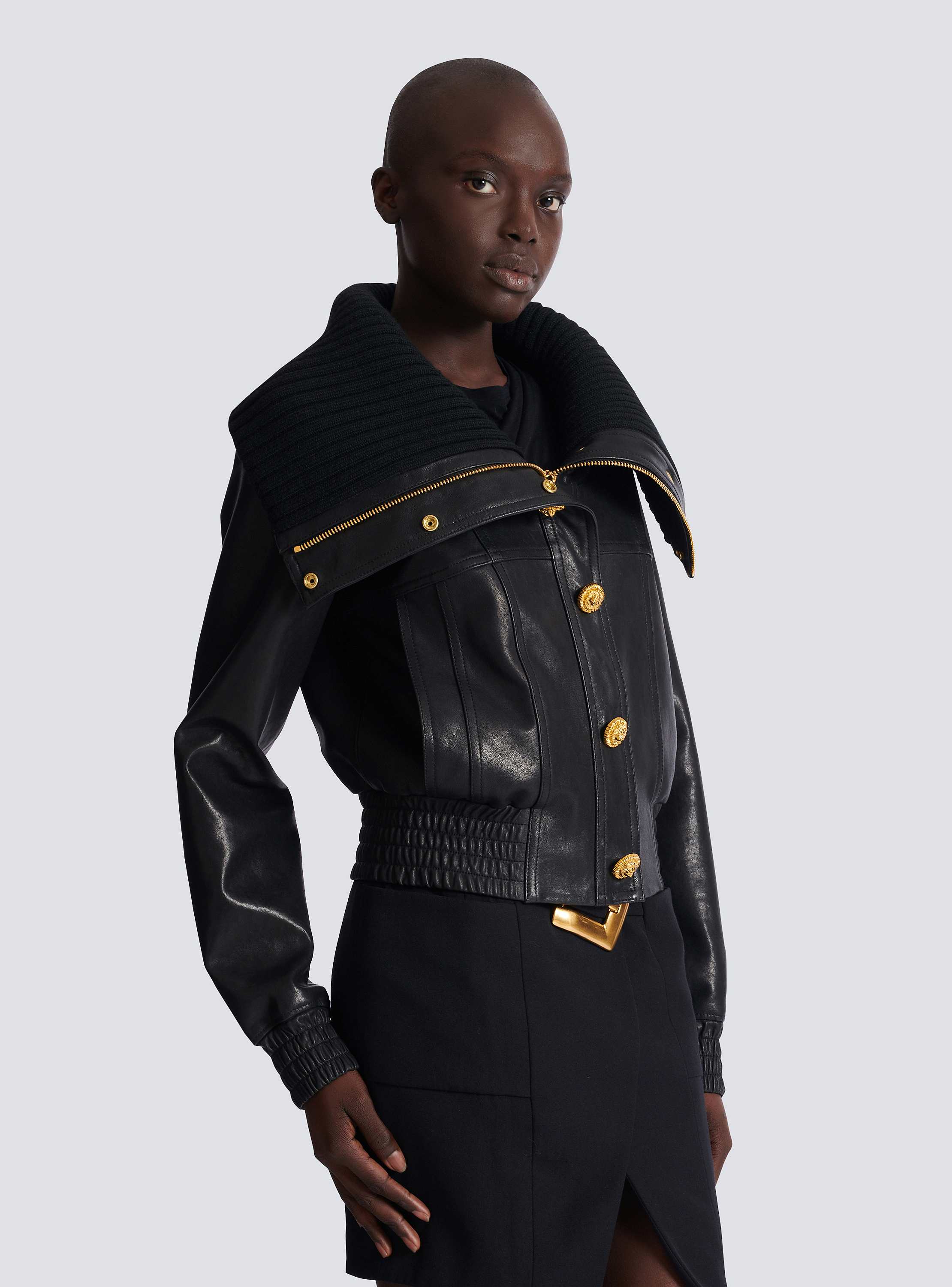 Lambskin and knit bomber jacket