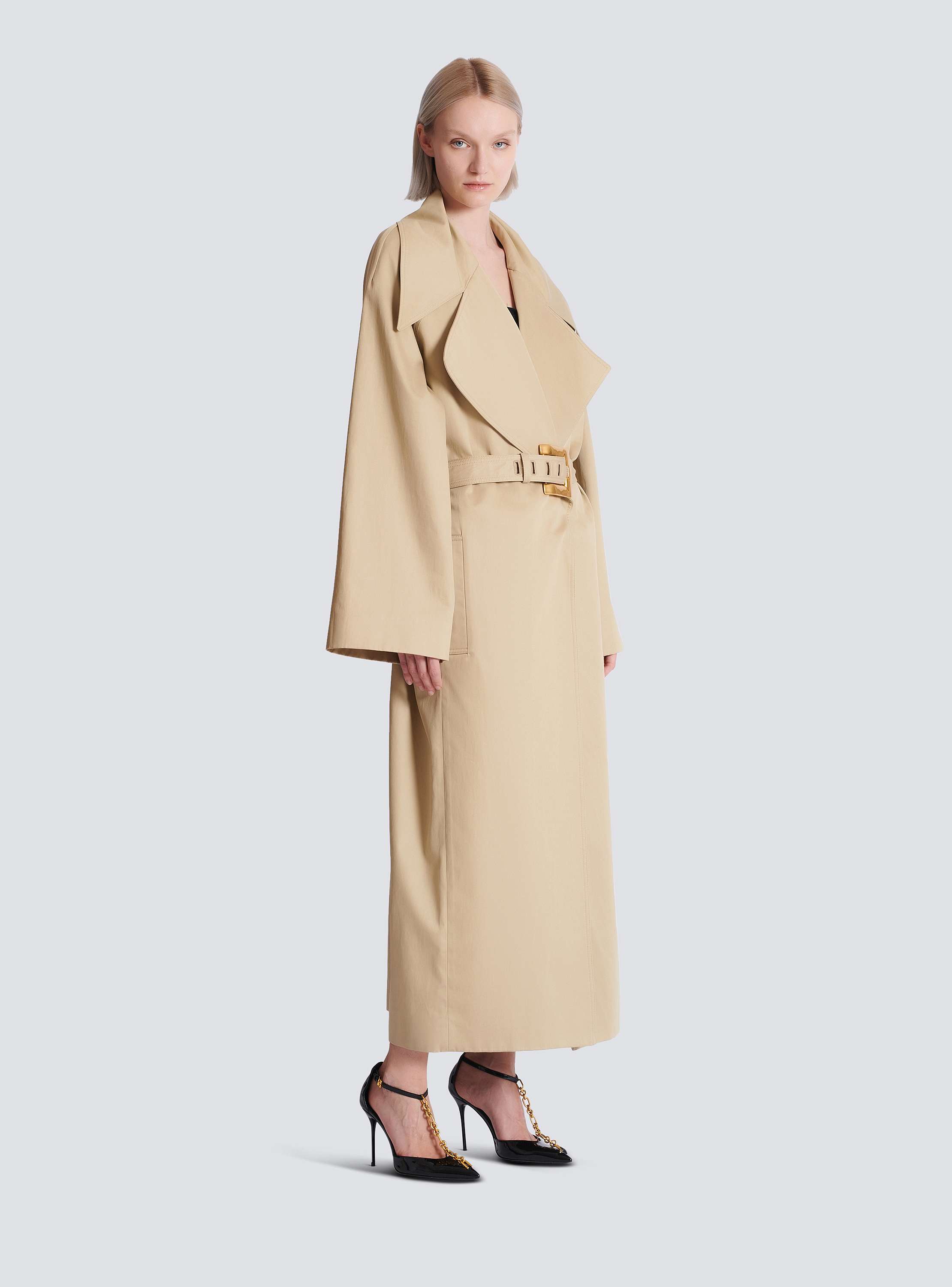 Long cotton gabardine trench coat