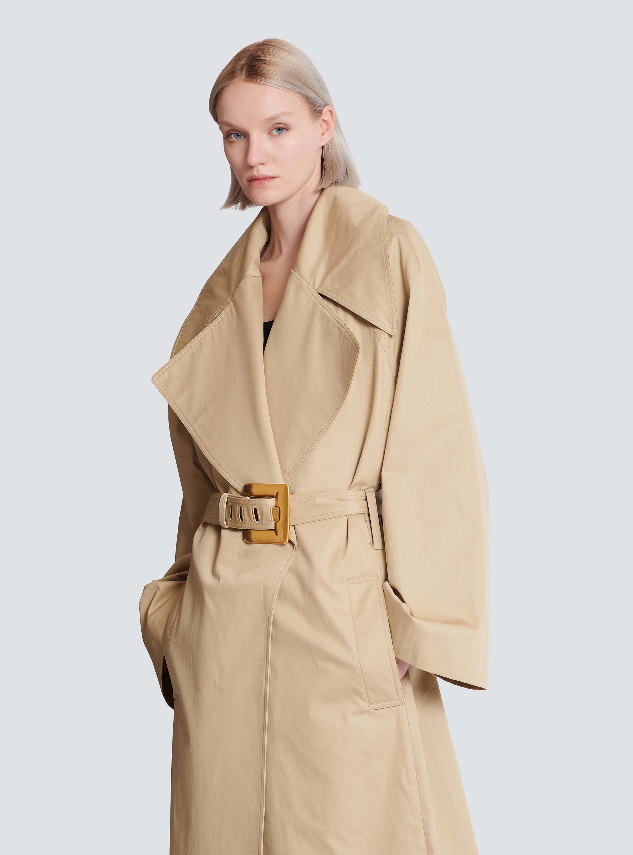 Long cotton gabardine trench coat