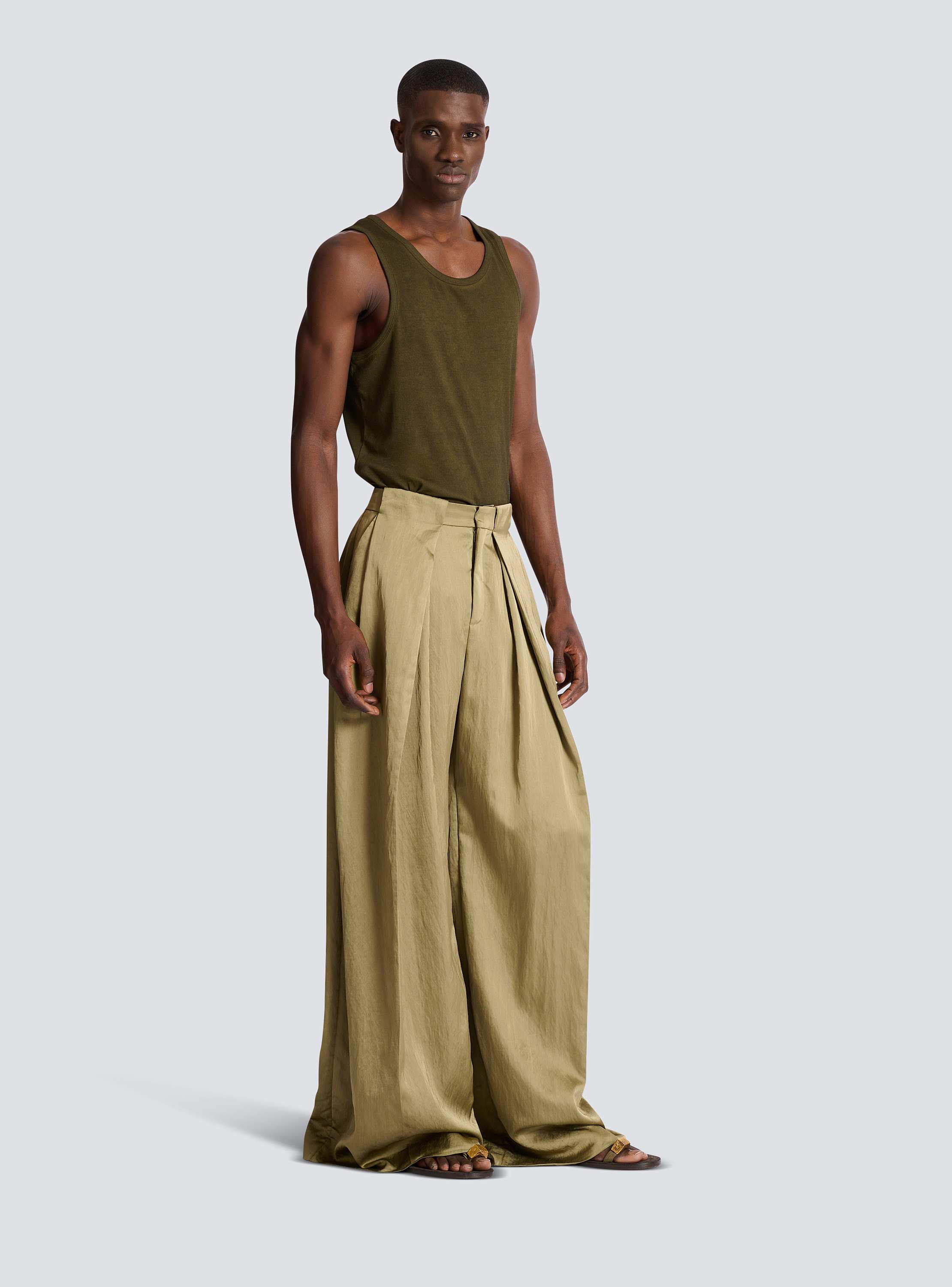 Satin-finish trousers with wide knife pleats