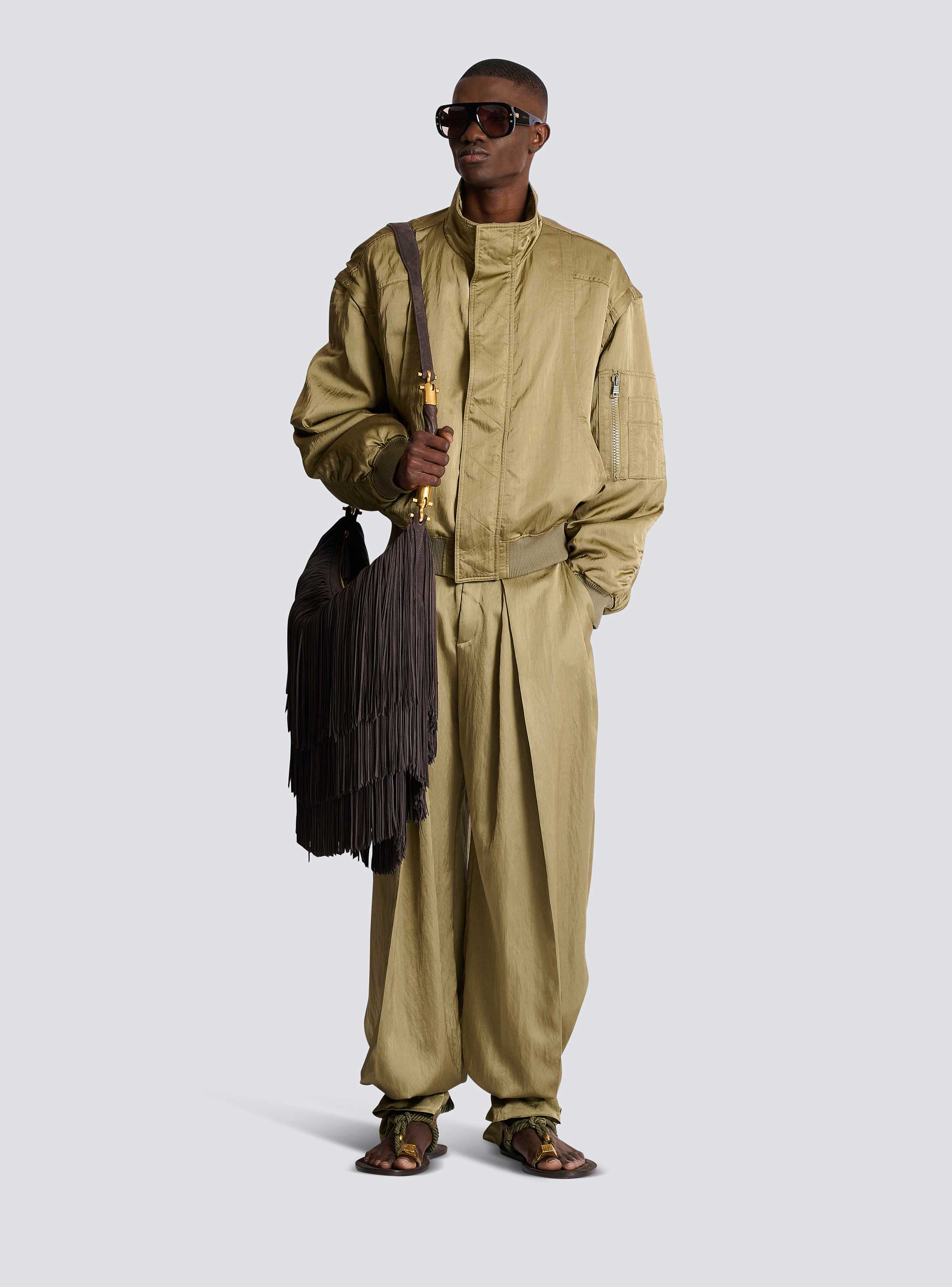 Satin-finish trousers with wide knife pleats