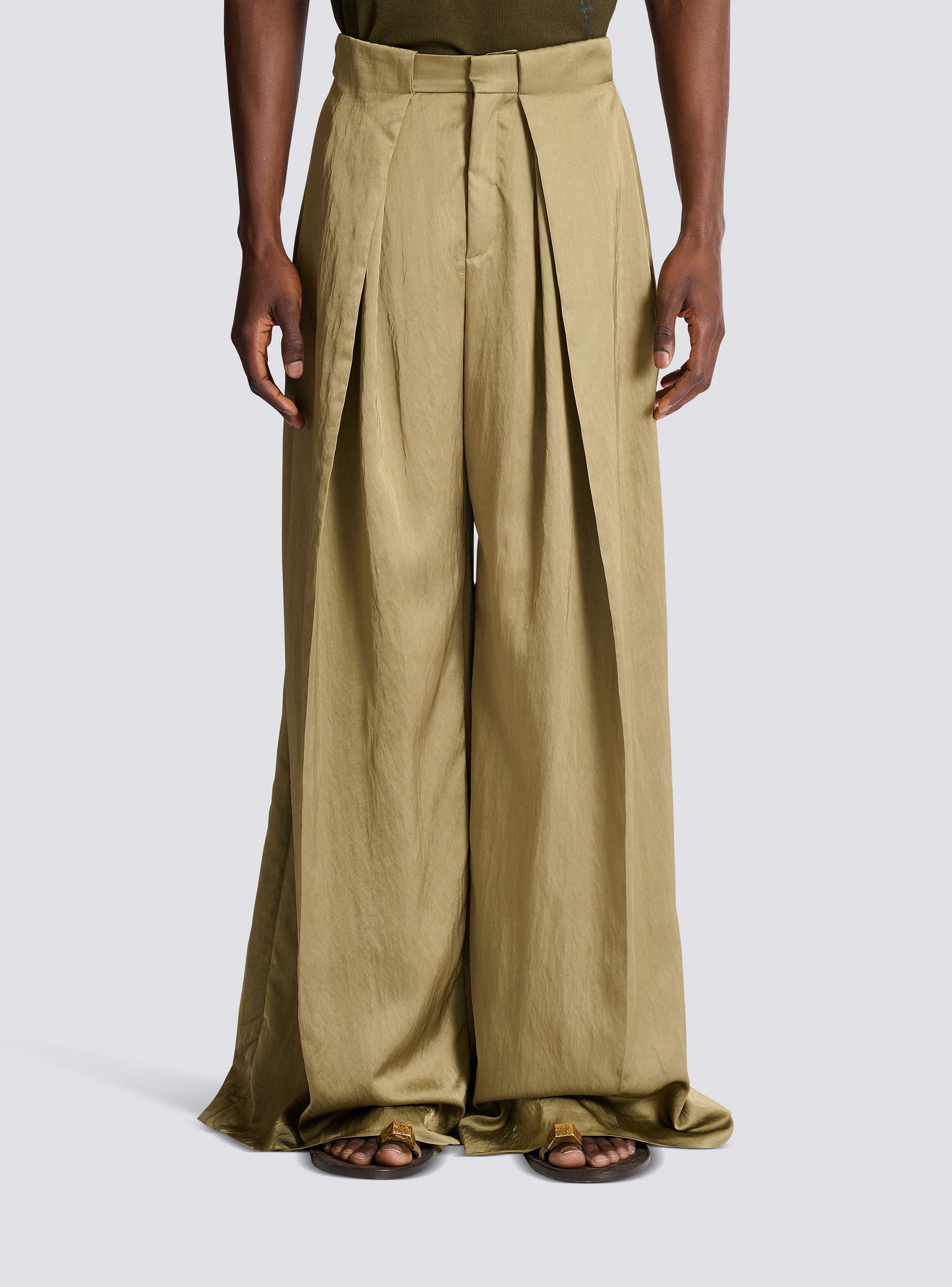 Satin-finish trousers with wide knife pleats