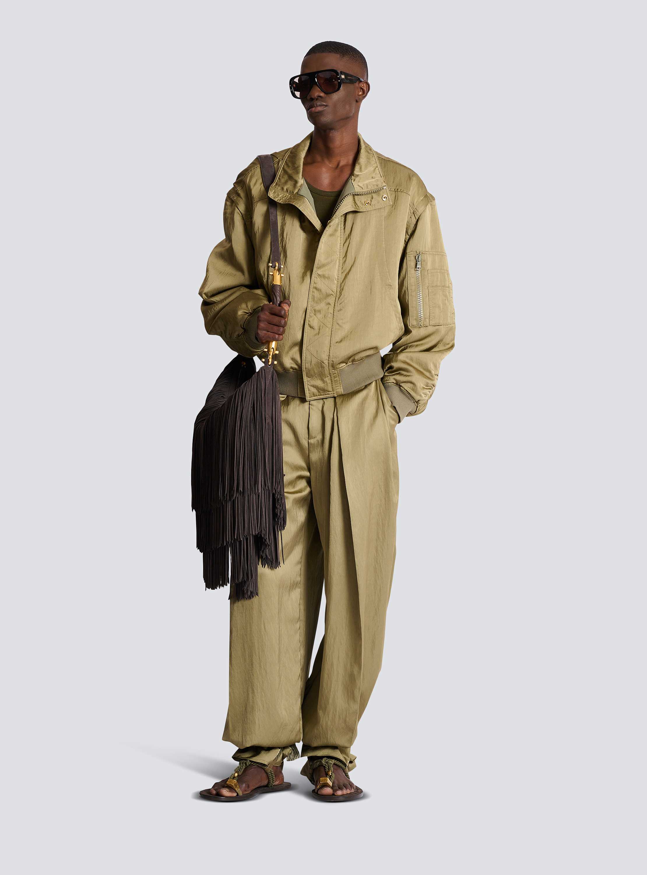 Satin-finish bomber jacket with detachable sleeves