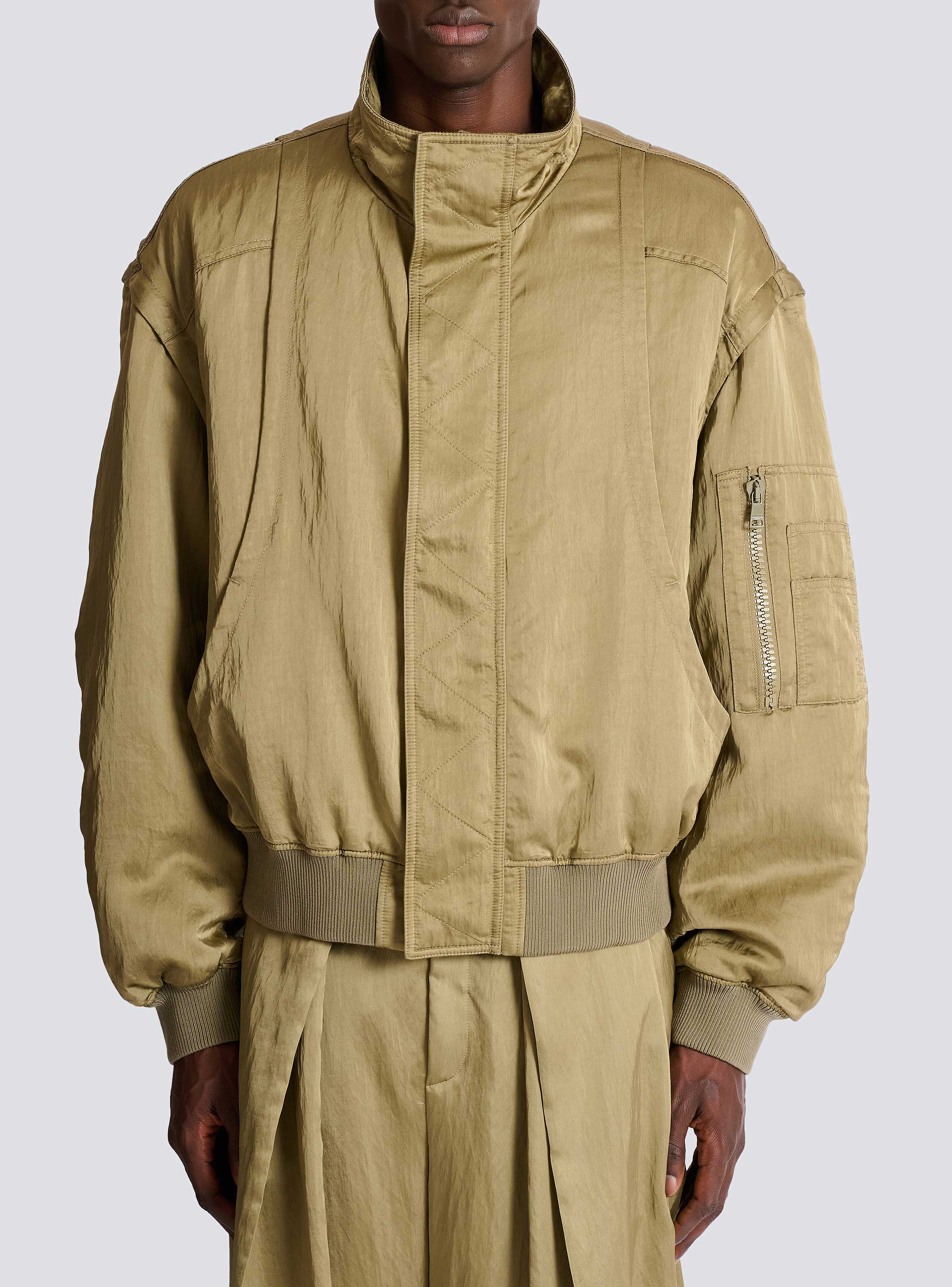 Satin-finish bomber jacket with detachable sleeves