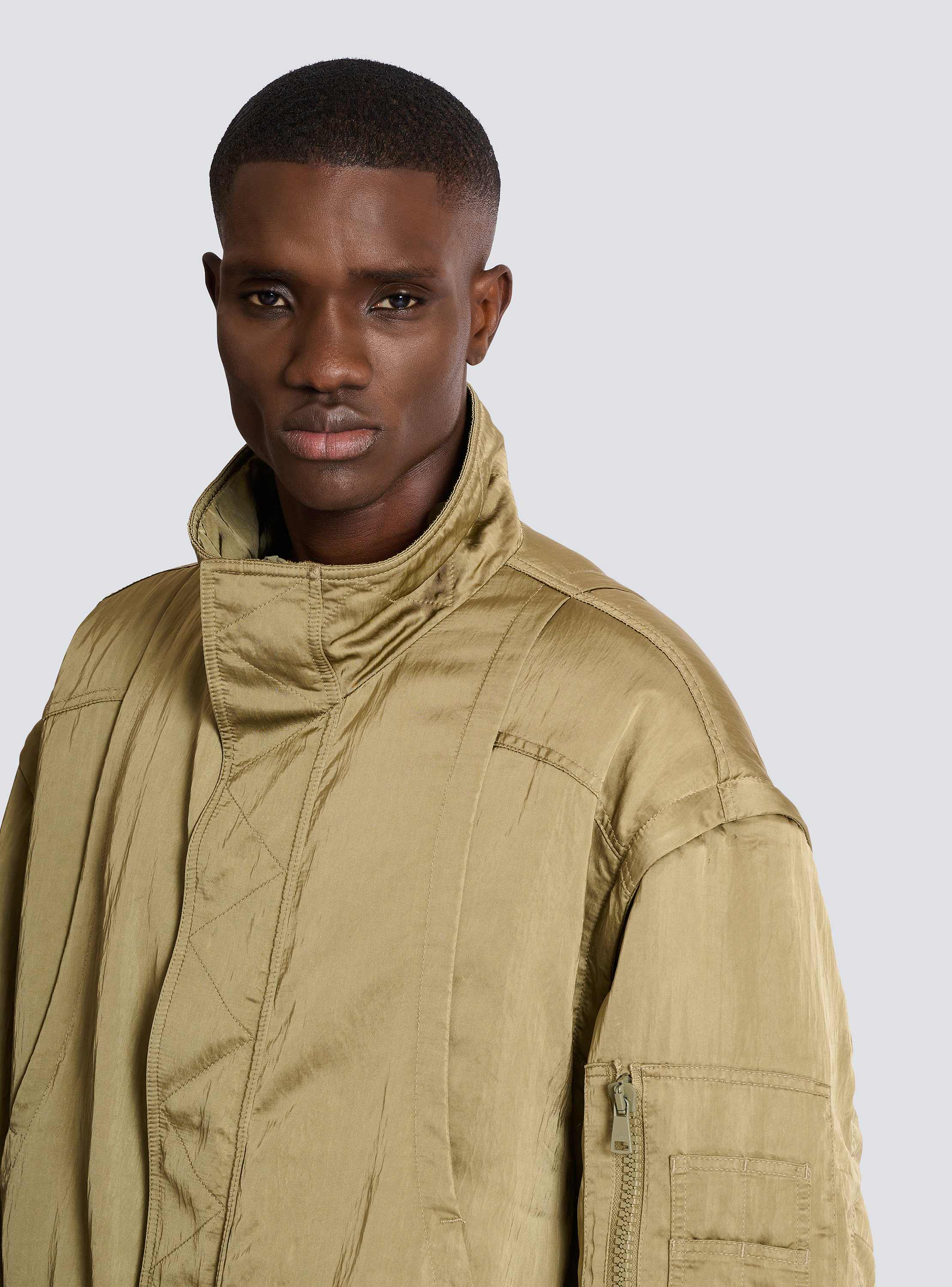 Satin-finish bomber jacket with detachable sleeves