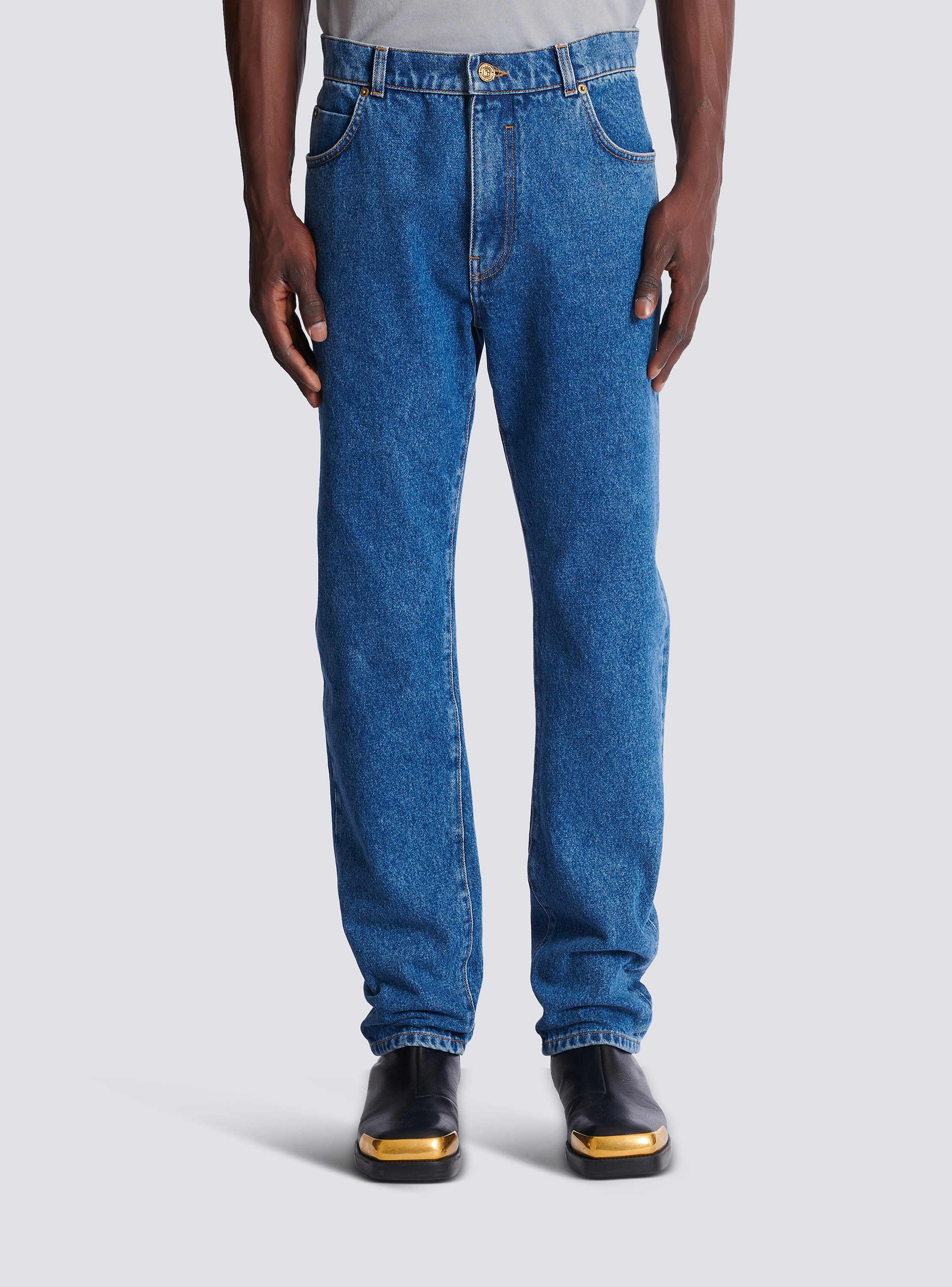 Blue denim straight-cut jeans