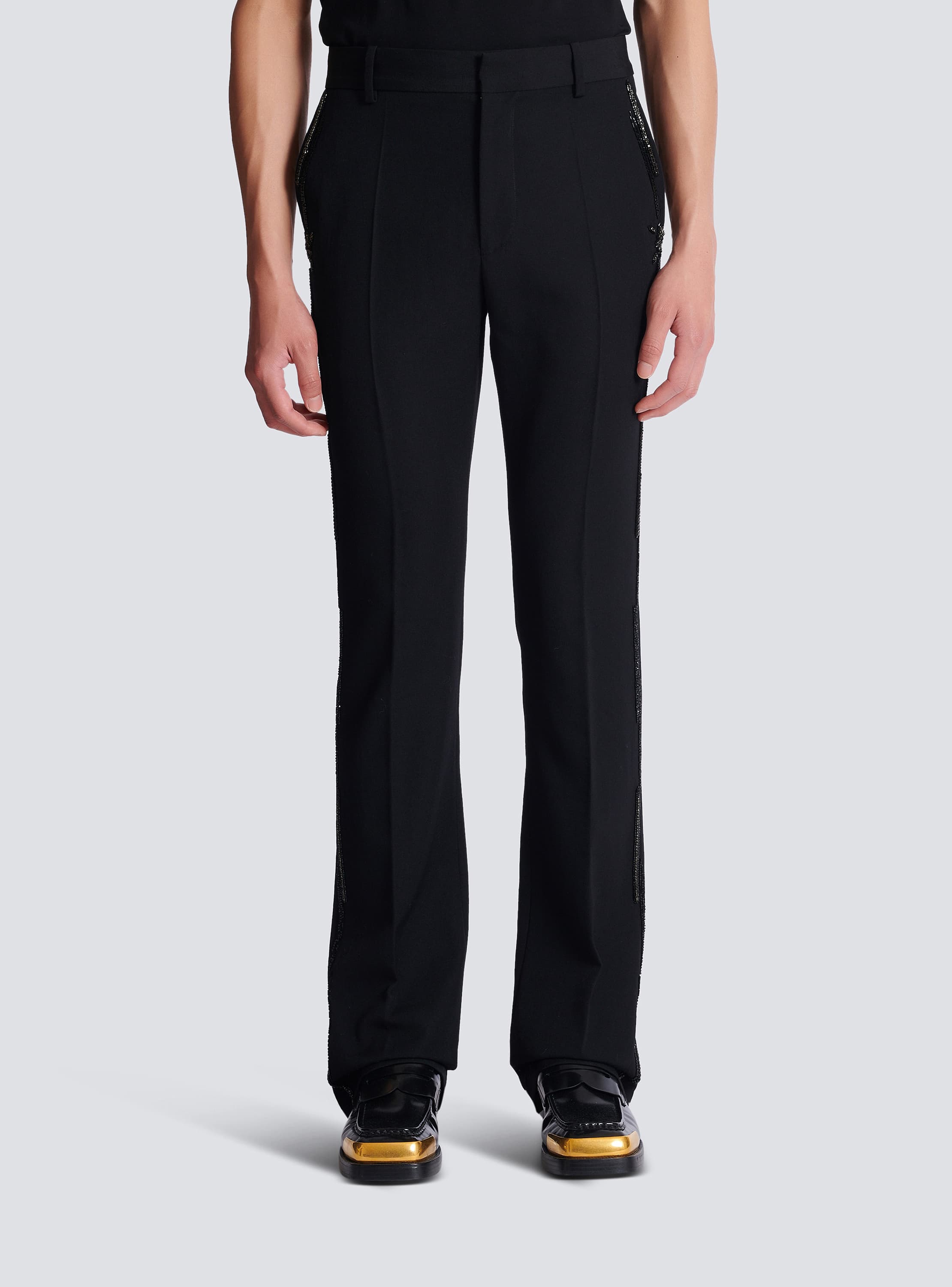 Straight-leg wool trousers with crystal embroidery