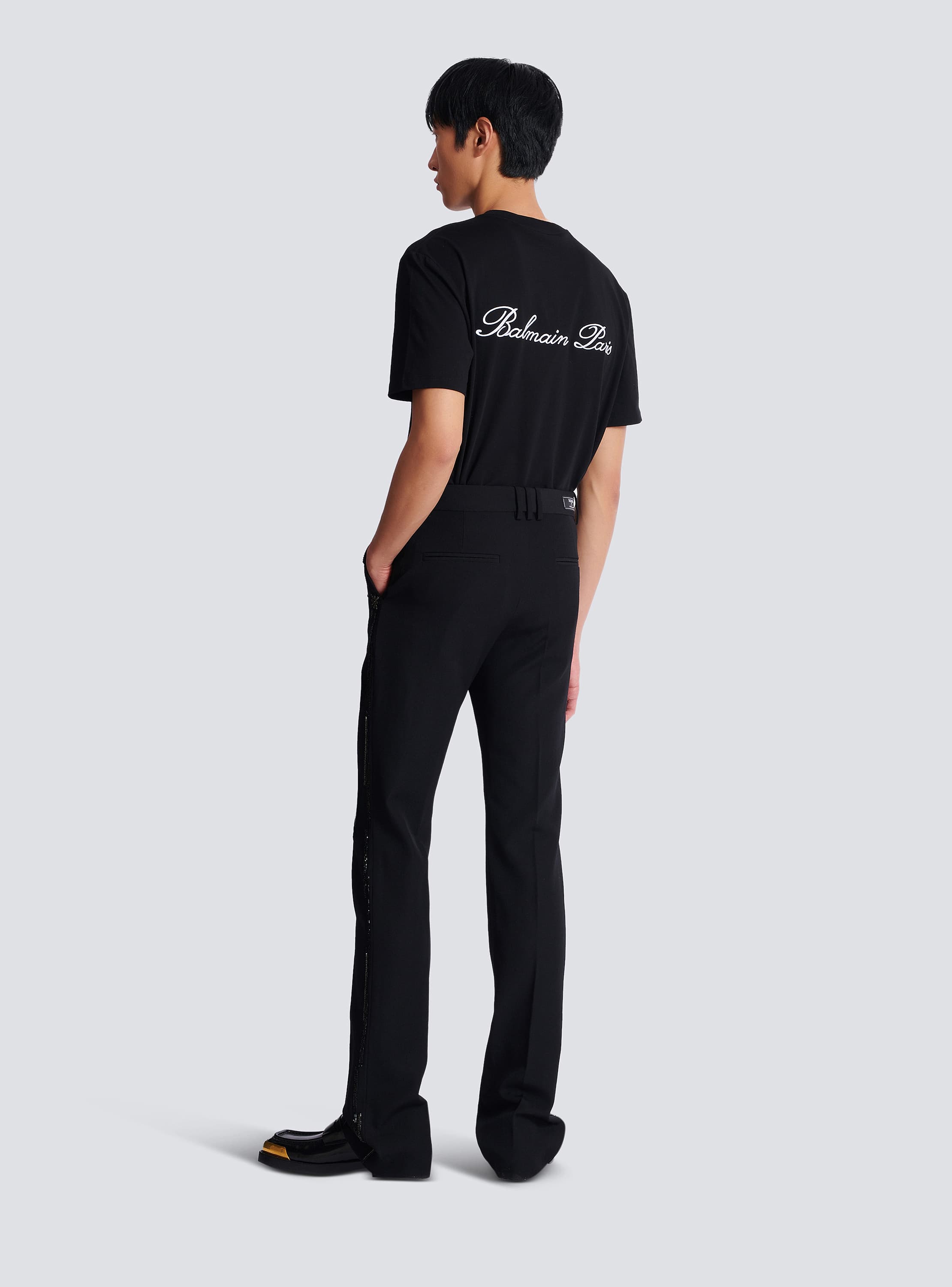 Straight-leg wool trousers with crystal embroidery