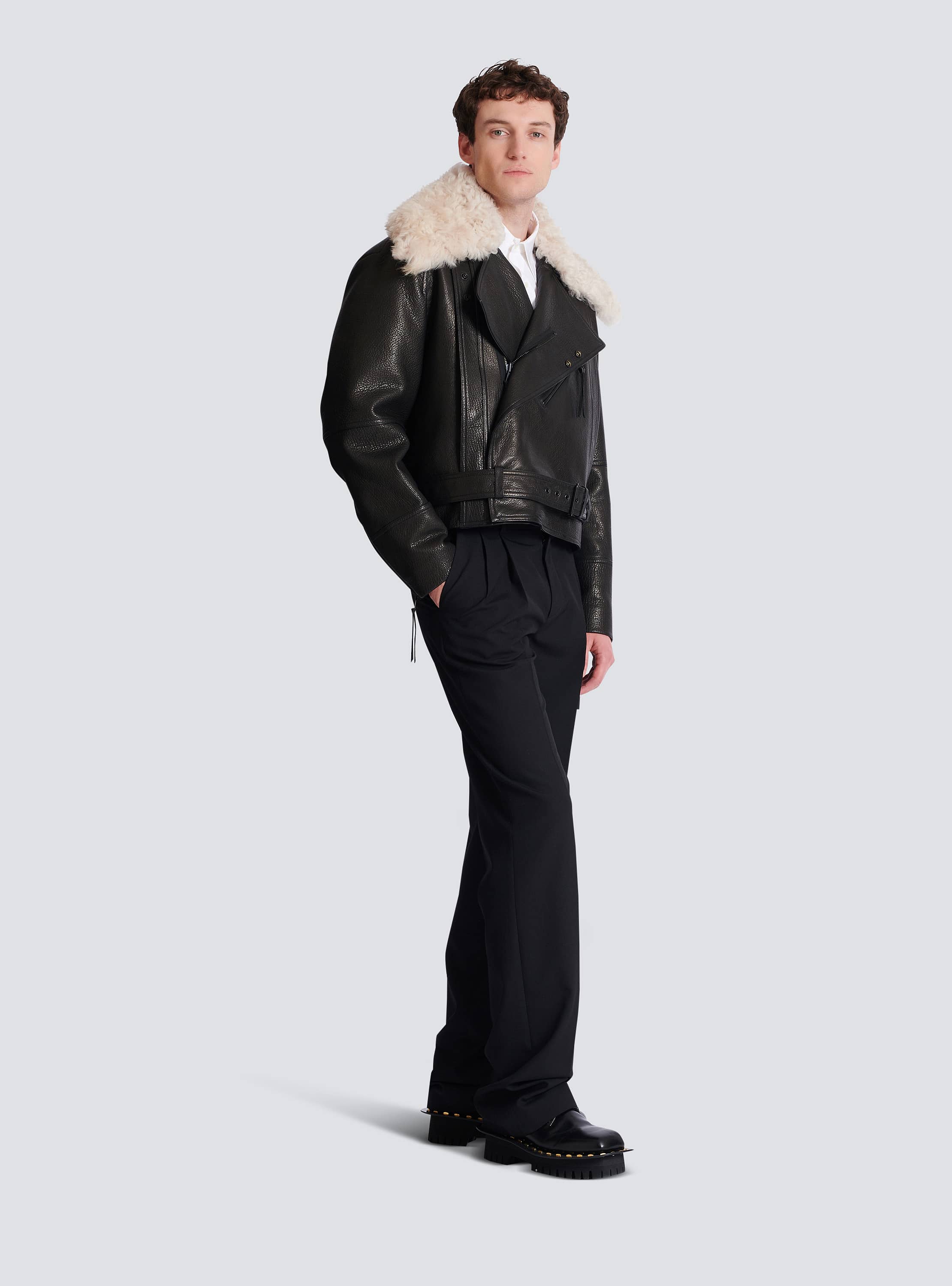 Leather jacket with shearling collar