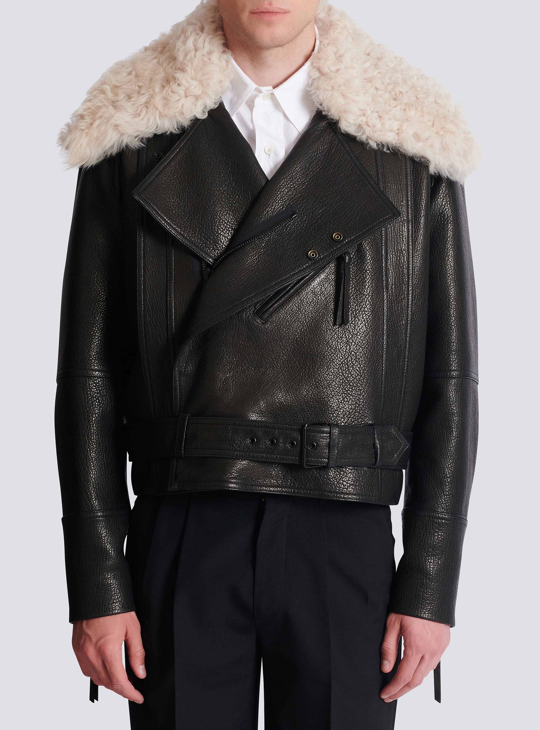 Leather jacket with shearling collar