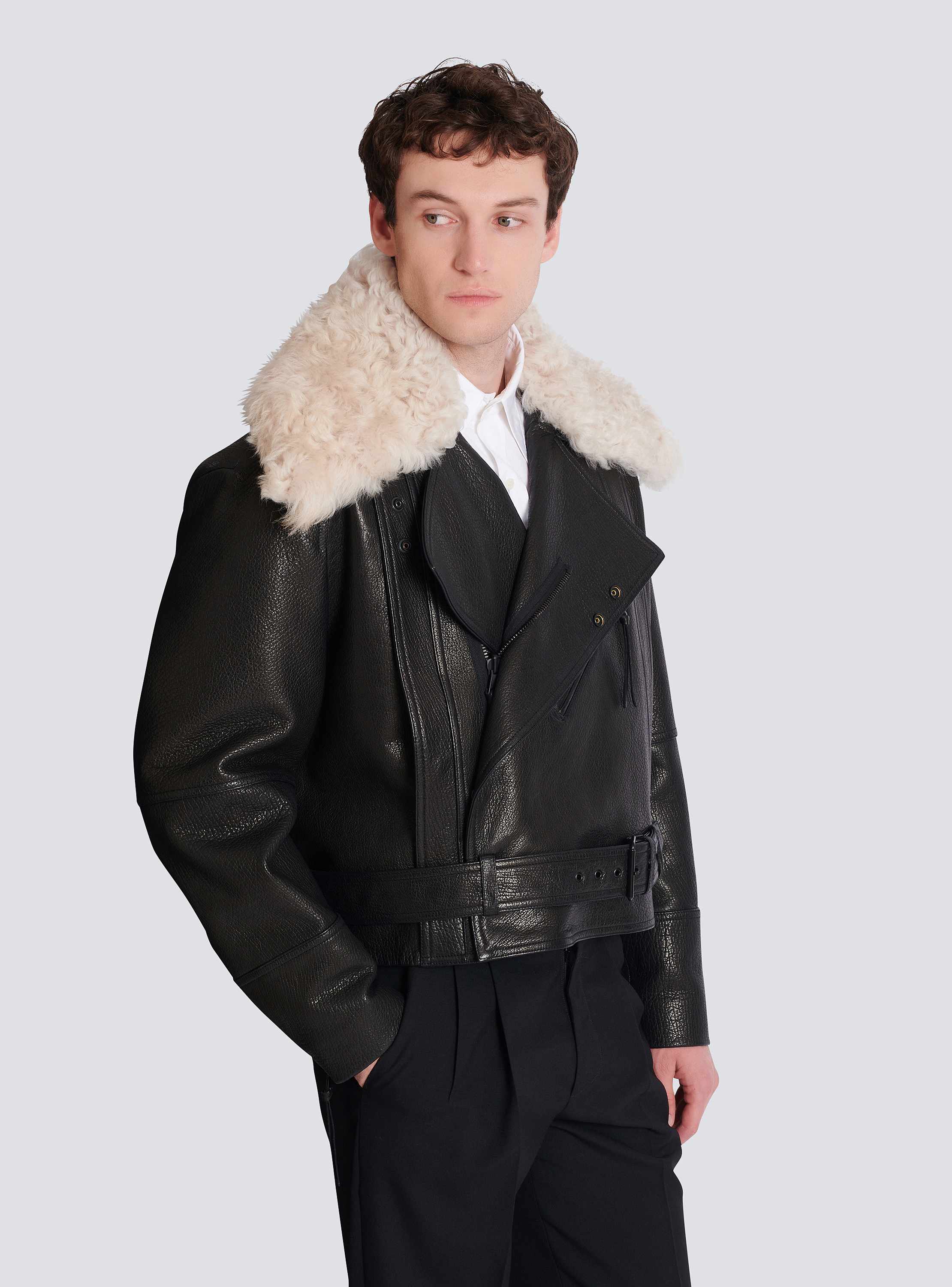 Leather jacket with shearling collar
