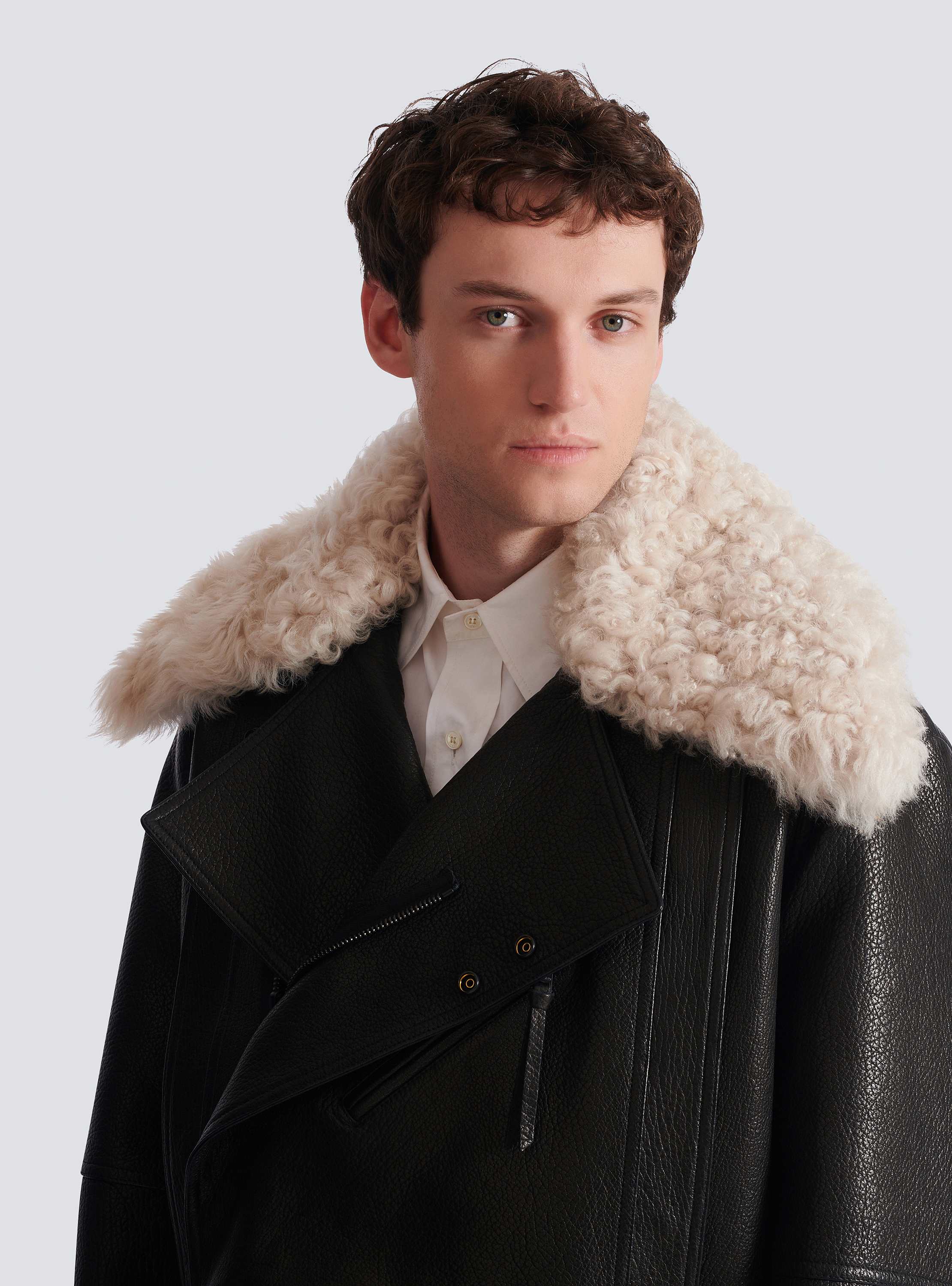 Leather jacket with shearling collar