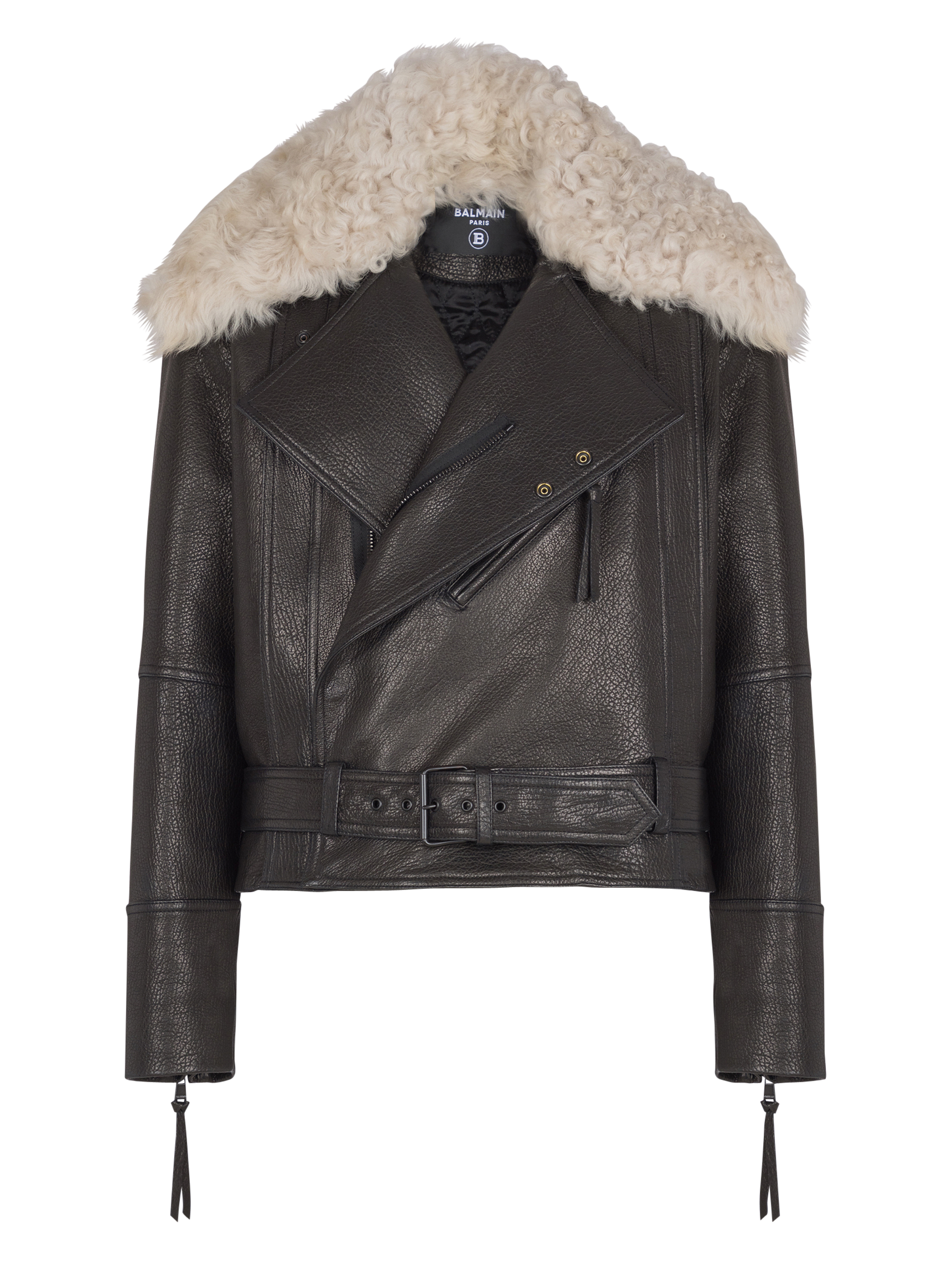 Leather jacket with shearling collar