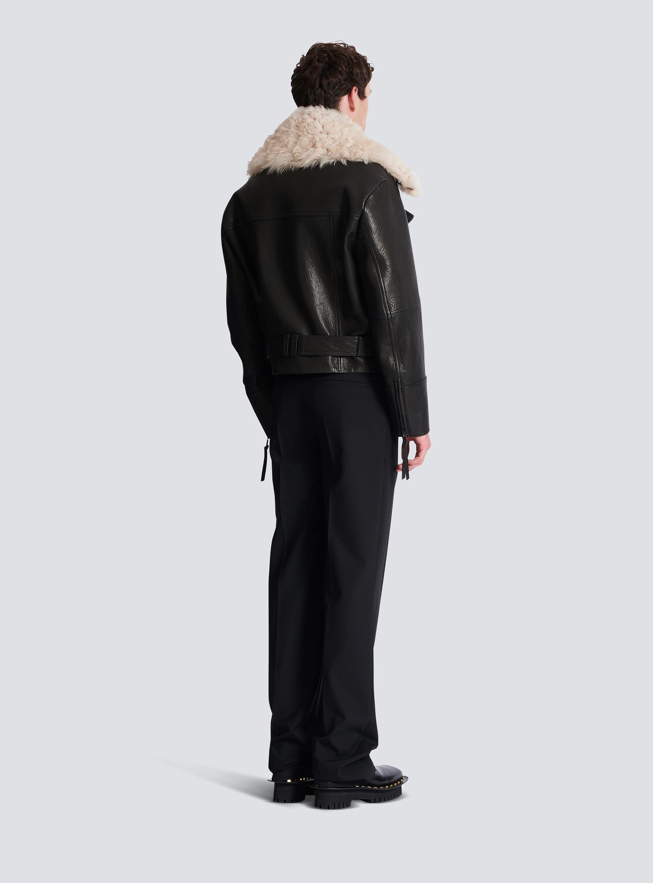 Leather jacket with shearling collar