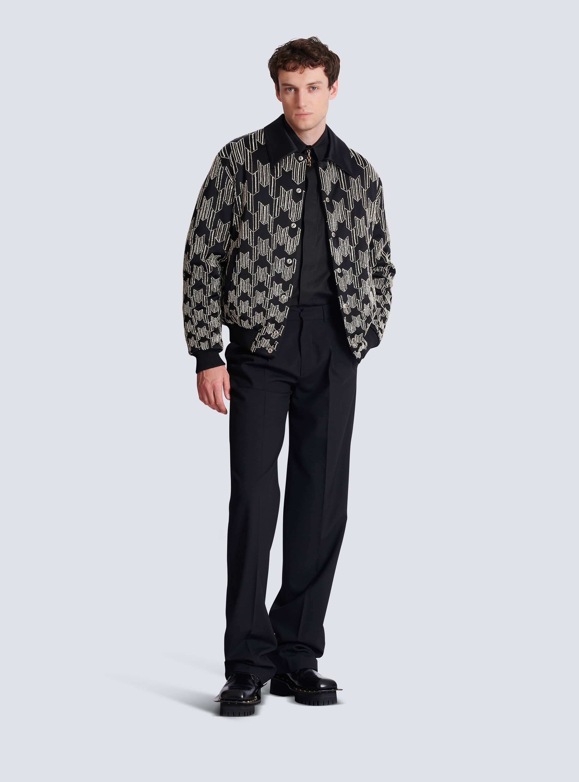 Satin bomber jacket with crystal embroidery