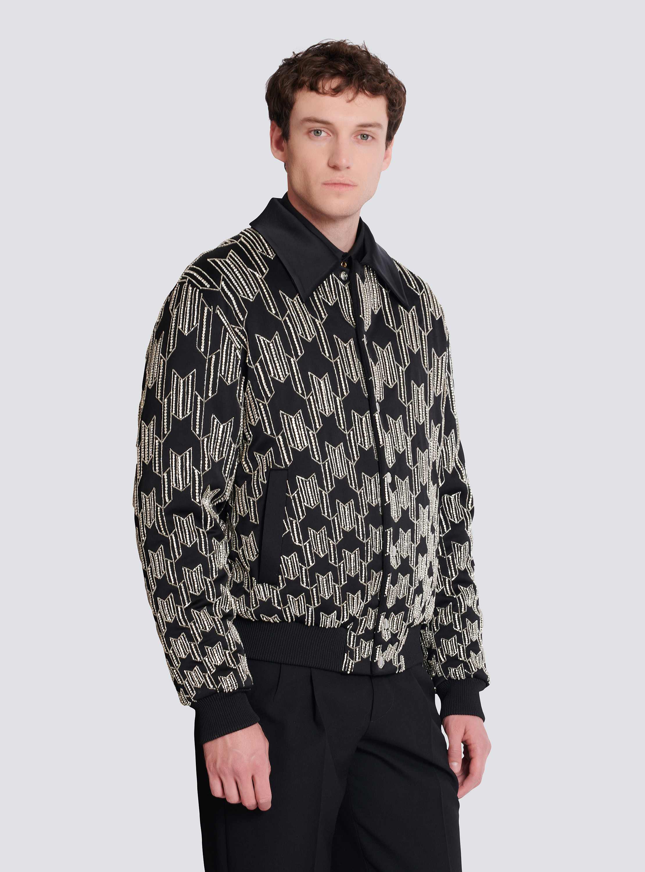 Satin bomber jacket with crystal embroidery